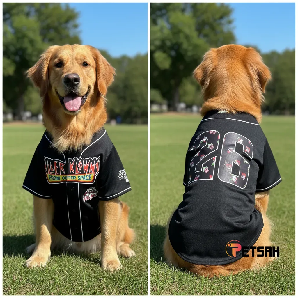 Golden retriever wearing a black baseball jersey with horror movie branding.