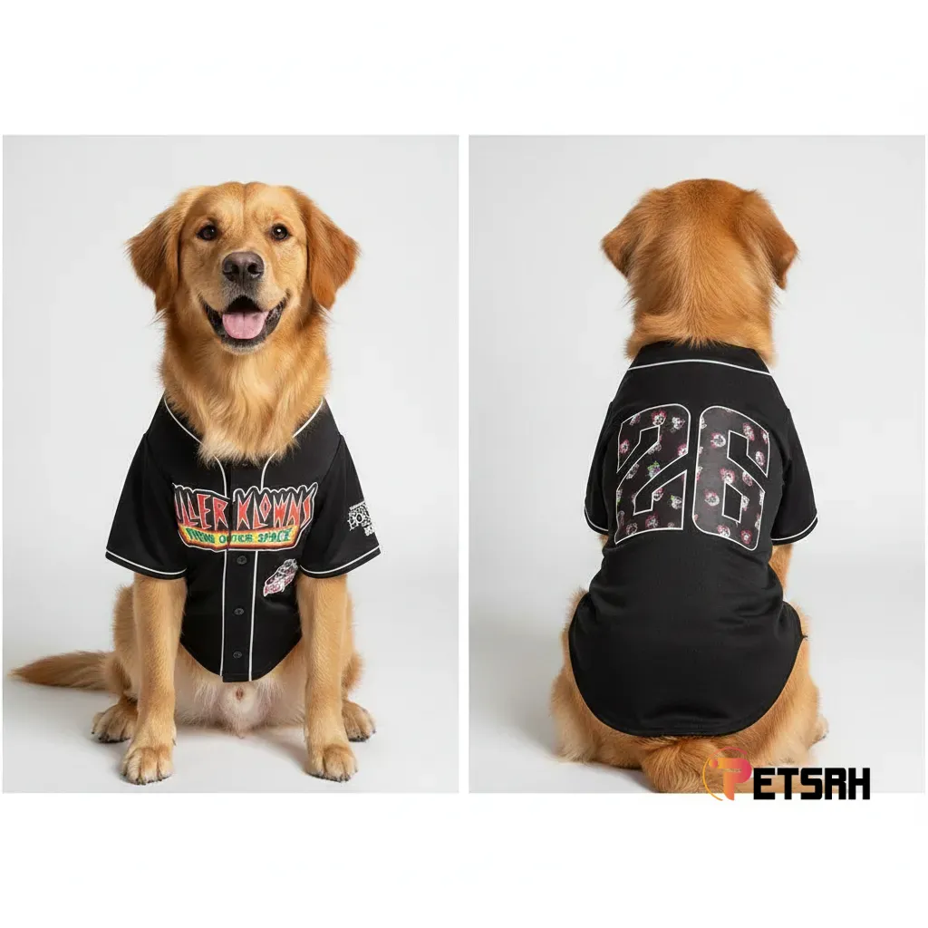 Halloween Horror Nights 2026 Killer Klowns from Outer Space Pet Baseball Jersey 7 Rear view of a dog in a black jersey featuring number 26 with clown faces.