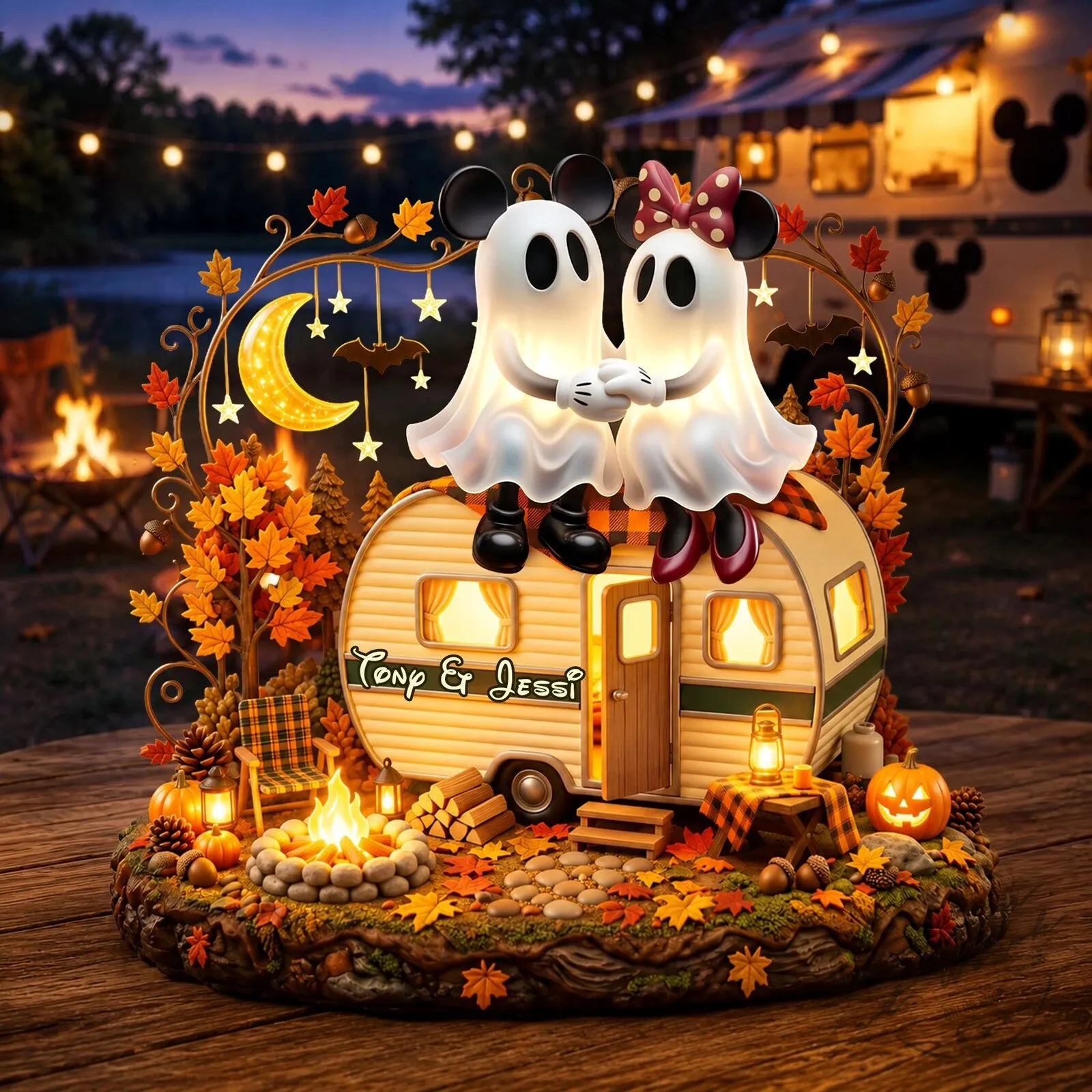 Personalized Halloween Mickey Minnie Ghost Couple Camping Light Box