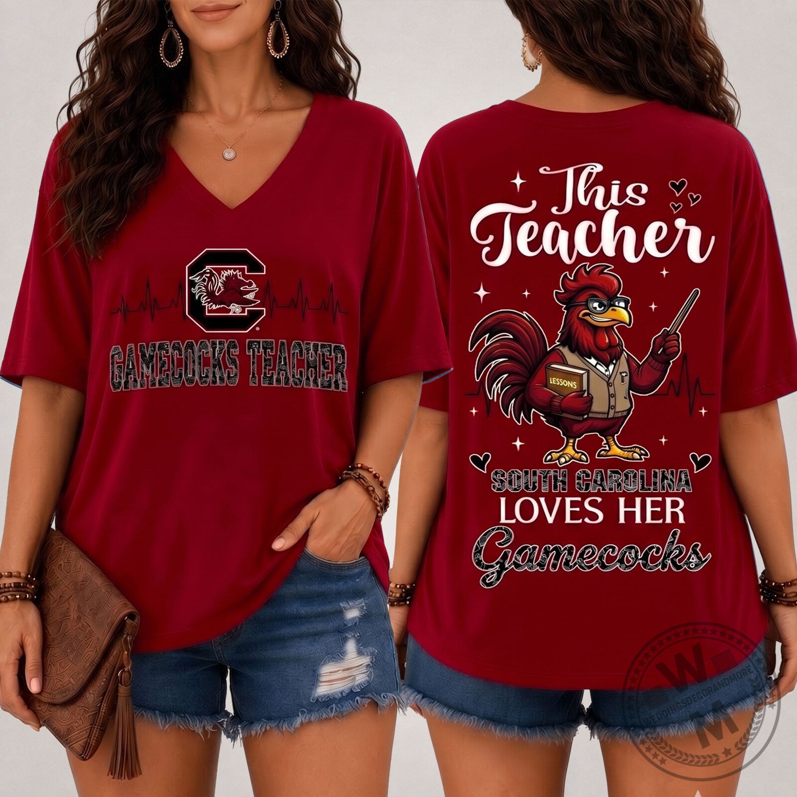 V-Neck T-Shirt for Teachers Who Love Football - South Carolina Gamecocks