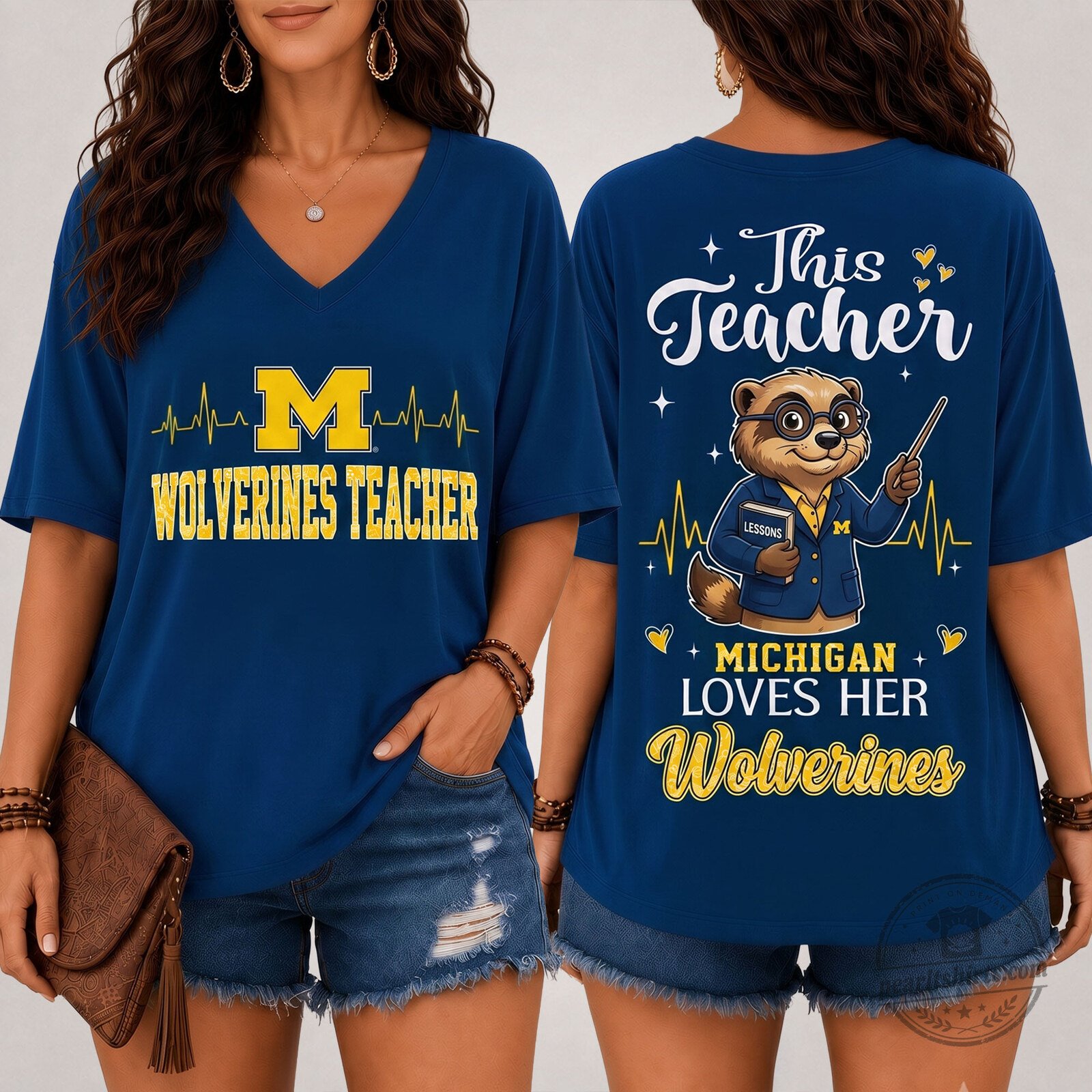 V-Neck T-Shirt for Teachers Who Love Football - Michigan Wolverines Design