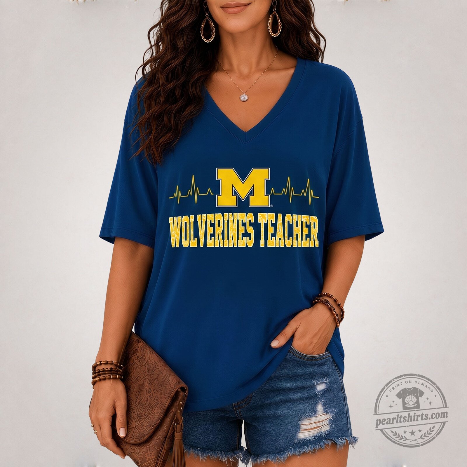 V-Neck T-Shirt for Teachers Who Love Football - Michigan Wolverines Design 4 V-Neck T-Shirt for Teachers Who Love Football - Michigan Wolverines Design