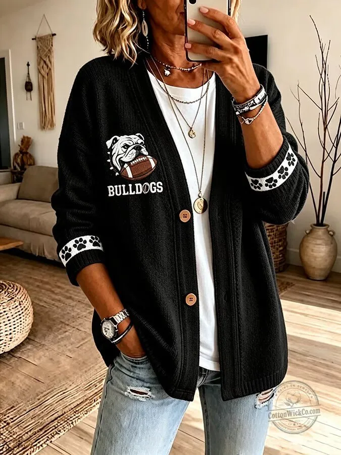 Bulldogs Football Team Mascot Black Cardigan with Paw Print Cuffs