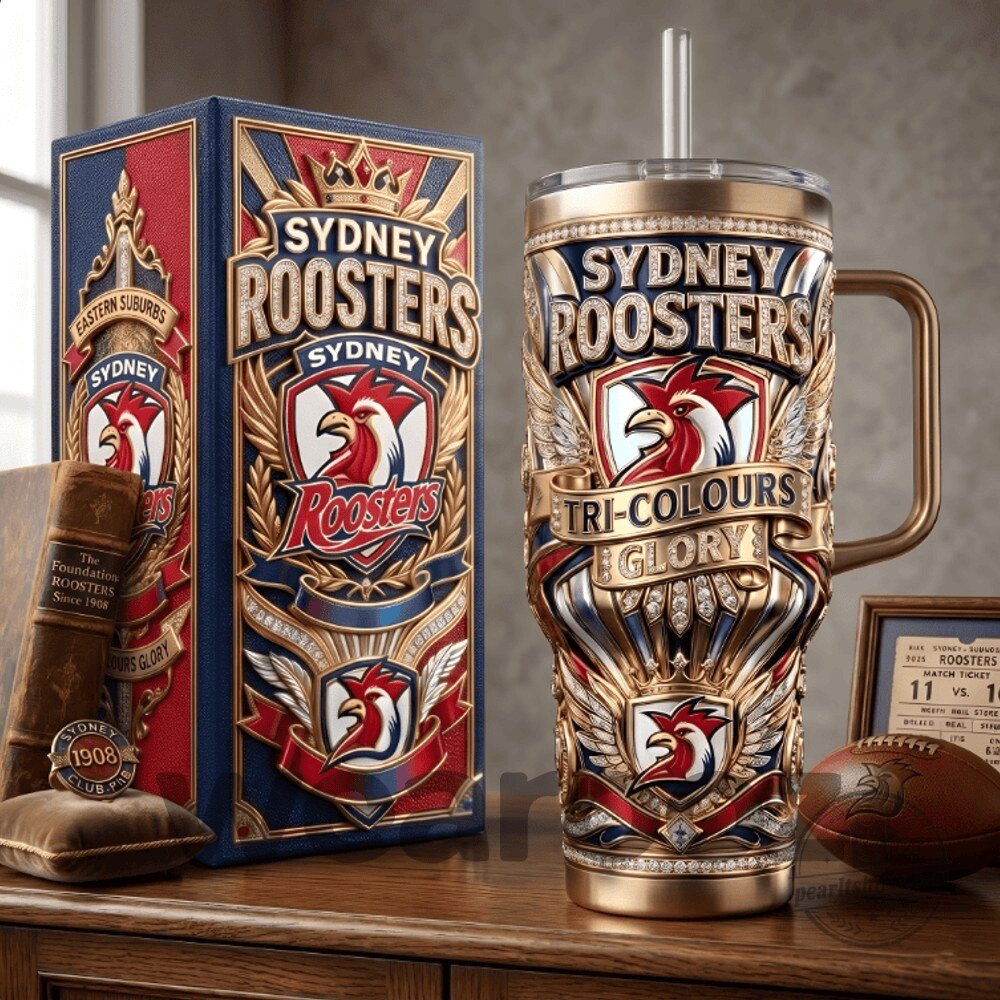 Gold Stainless Steel Tumbler with Handle - Sydney Roosters Tri-Colours Glory Design