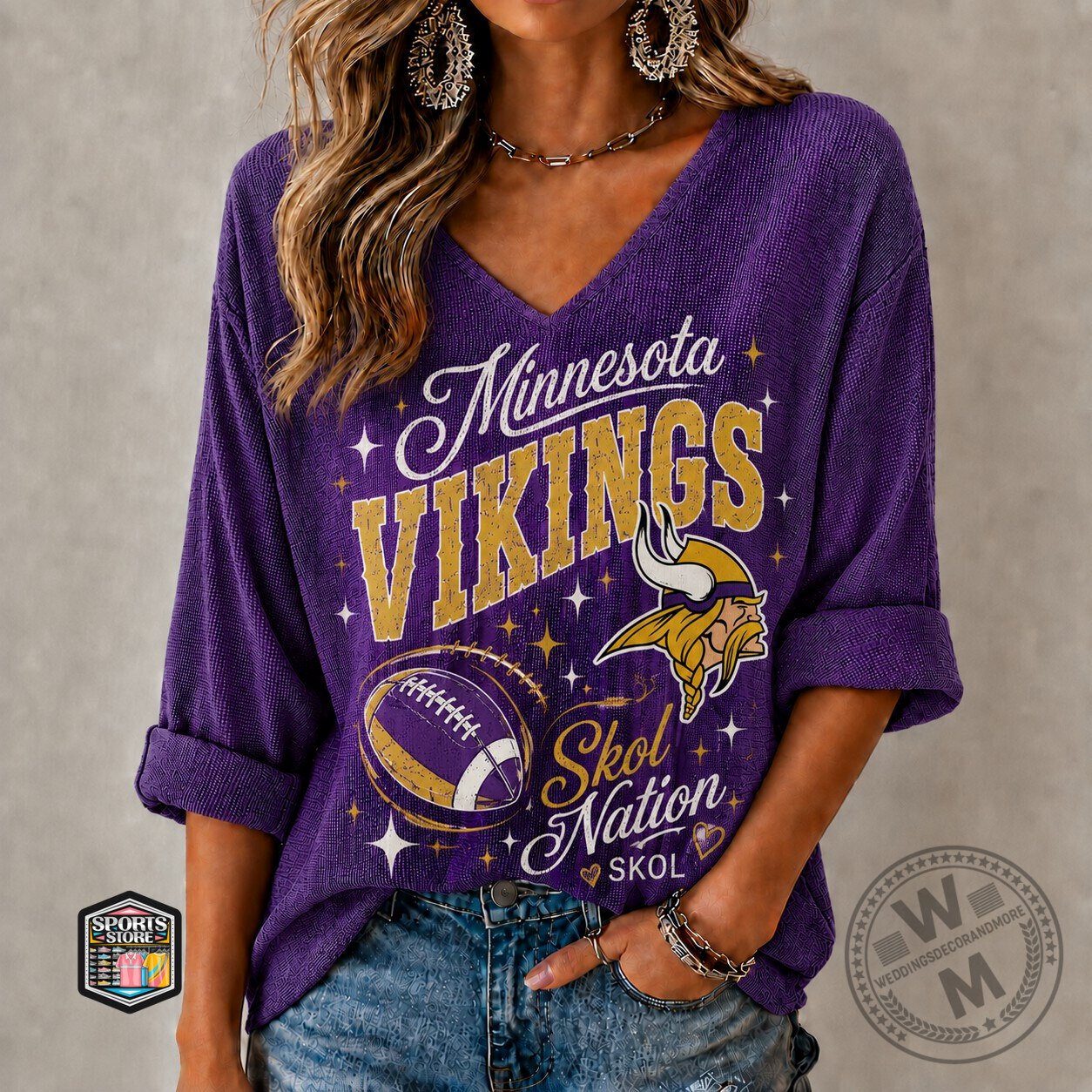 Minnesota Vikings Skol Nation Football Fan Long Sleeve V-Neck Shirt