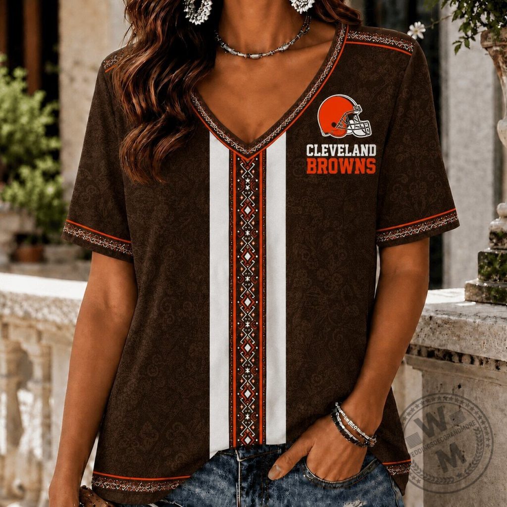 Cleveland Browns Tribal Pattern V-Neck Short Sleeve T-Shirt for Women Cleveland Browns Tribal Pattern V-Neck Short Sleeve T-Shirt for Women