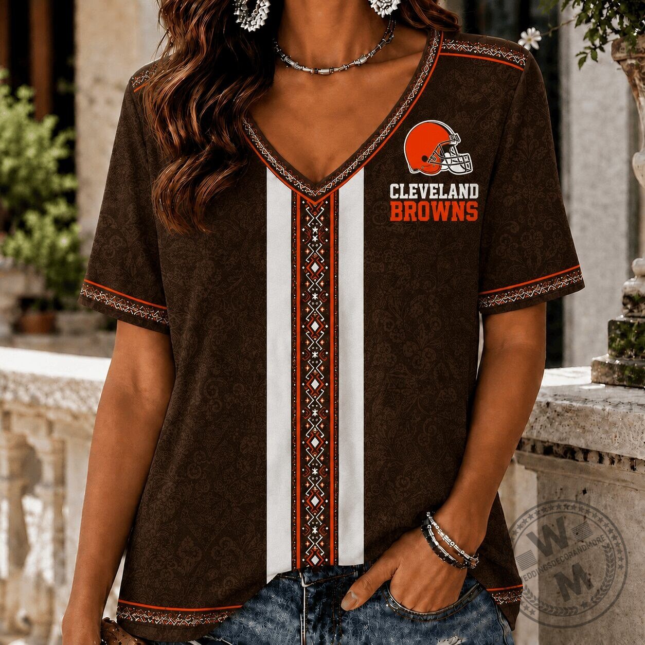Cleveland Browns Tribal Pattern V-Neck Short Sleeve T-Shirt for Women