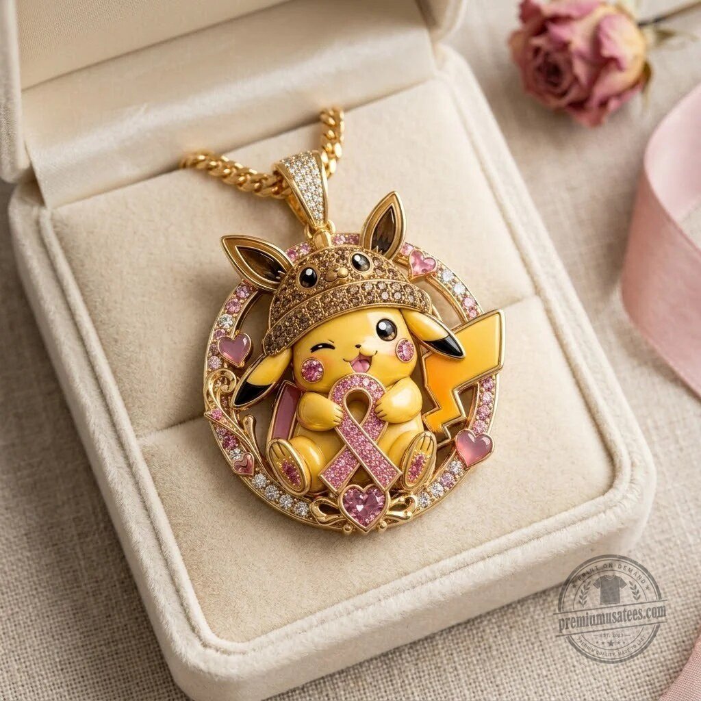 Pikachu Breast Cancer Awareness Gold Diamond Pendant Necklace 4 Pikachu Breast Cancer Awareness Gold Diamond Pendant Necklace