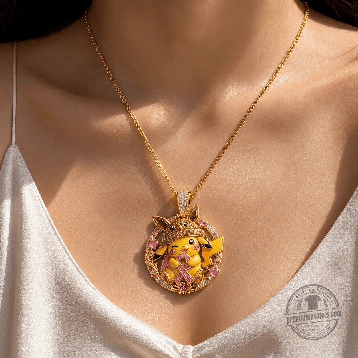 Pikachu Breast Cancer Awareness Gold Diamond Pendant Necklace 5 Pikachu Breast Cancer Awareness Gold Diamond Pendant Necklace
