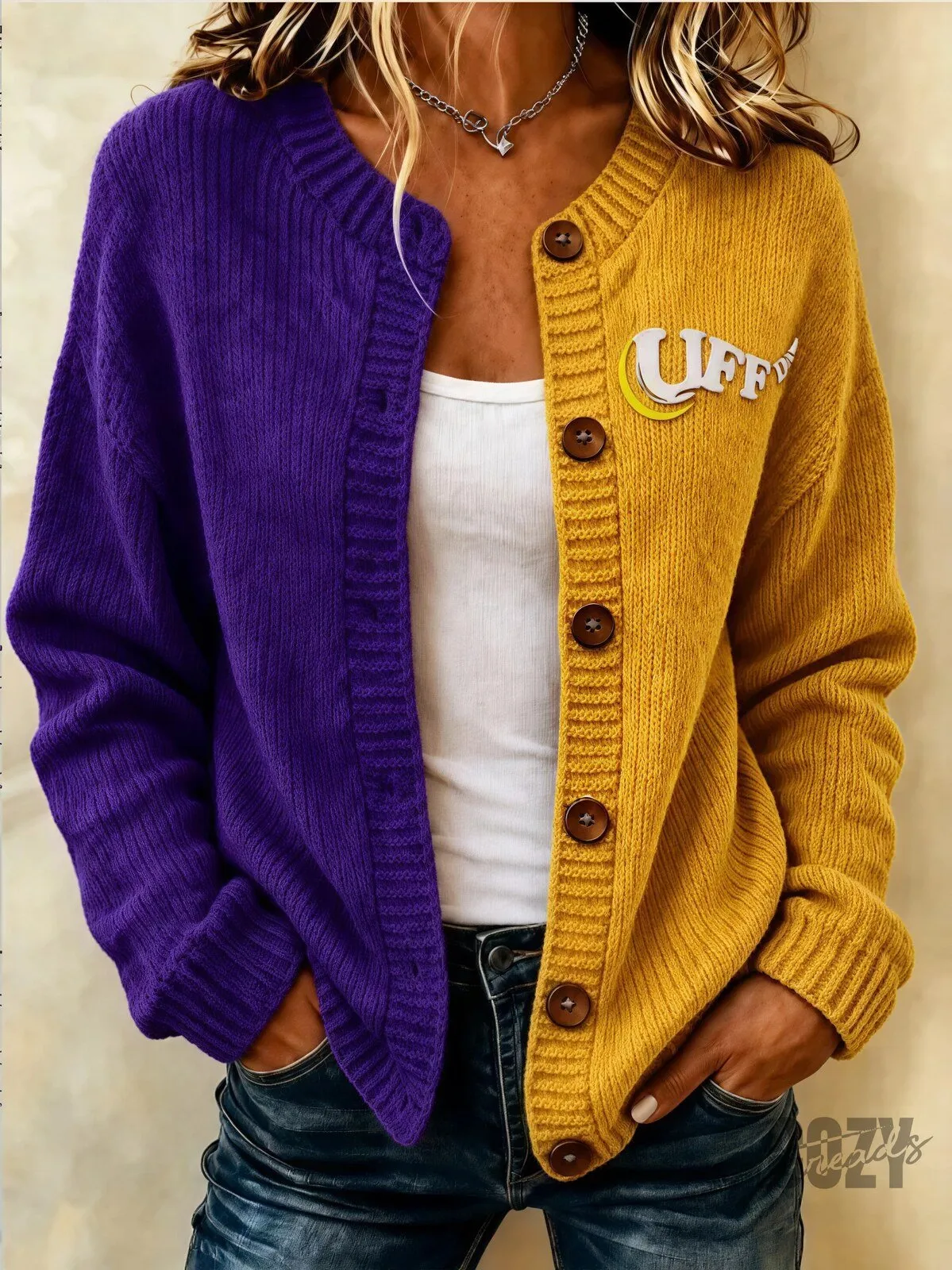 Women's Purple Gold Color Block Button Down Knit Cardigan Sweater