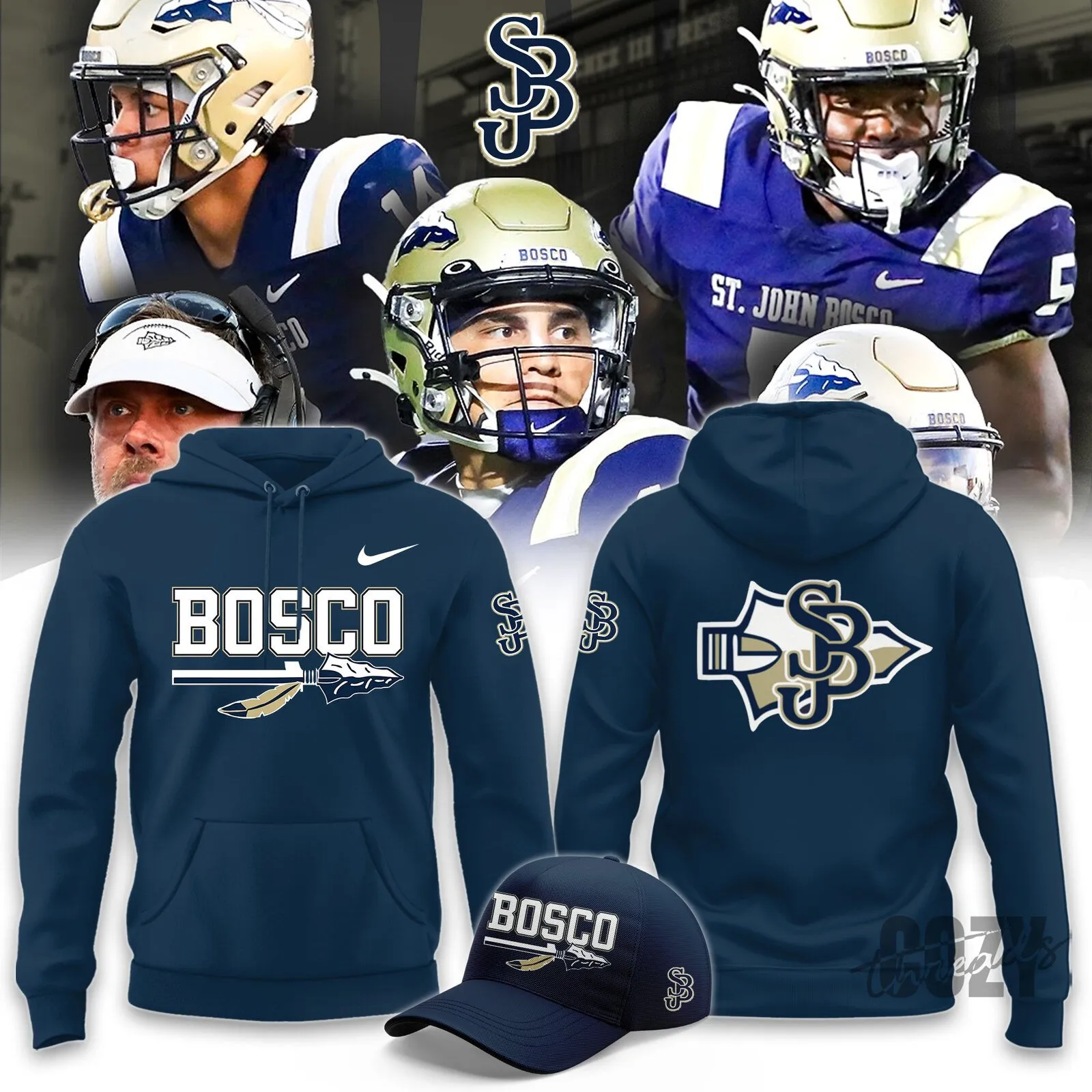St. John Bosco Braves Football Team Navy Blue Pullover Hoodie