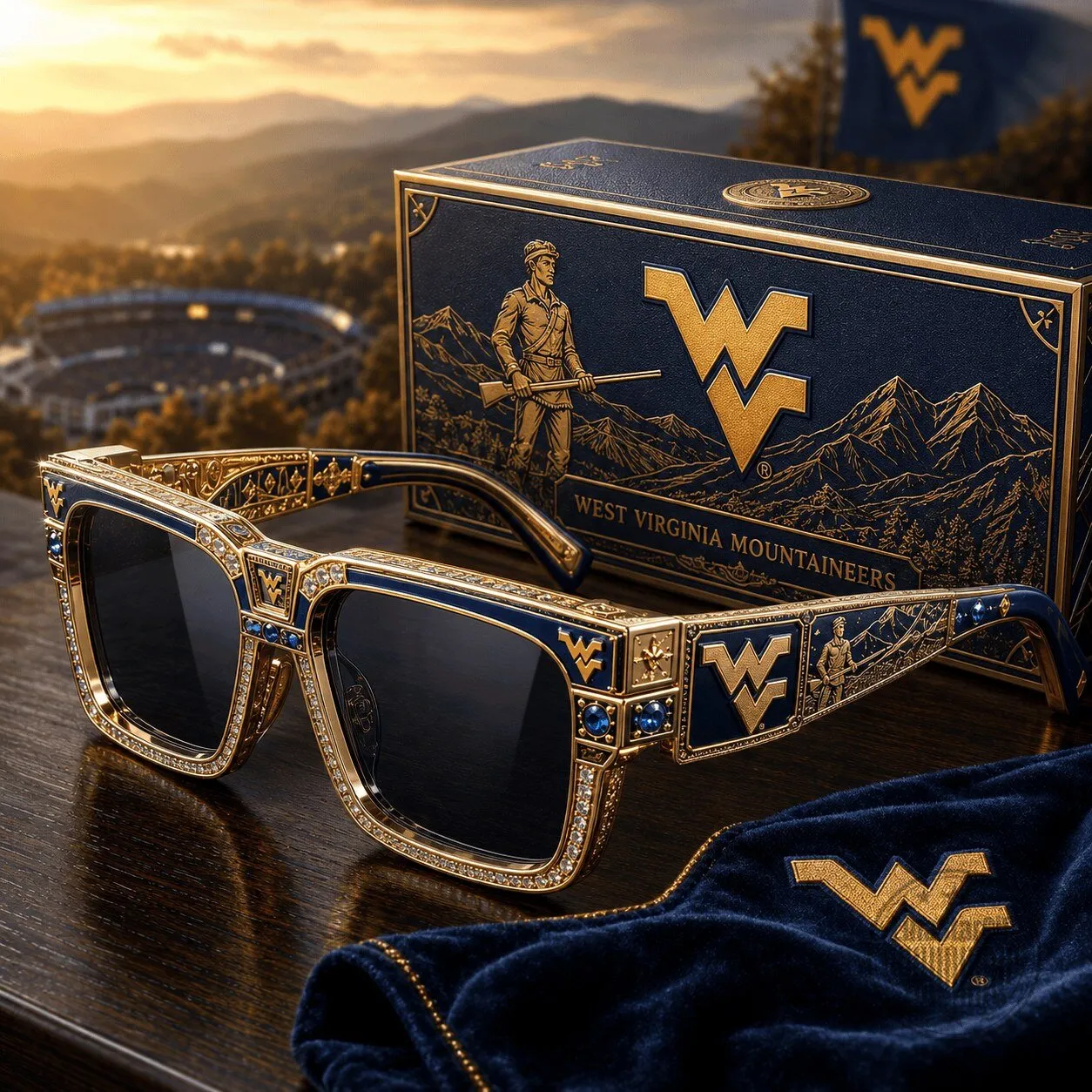 West Virginia Mountaineers Premium Gold and Blue Diamond Sunglasses