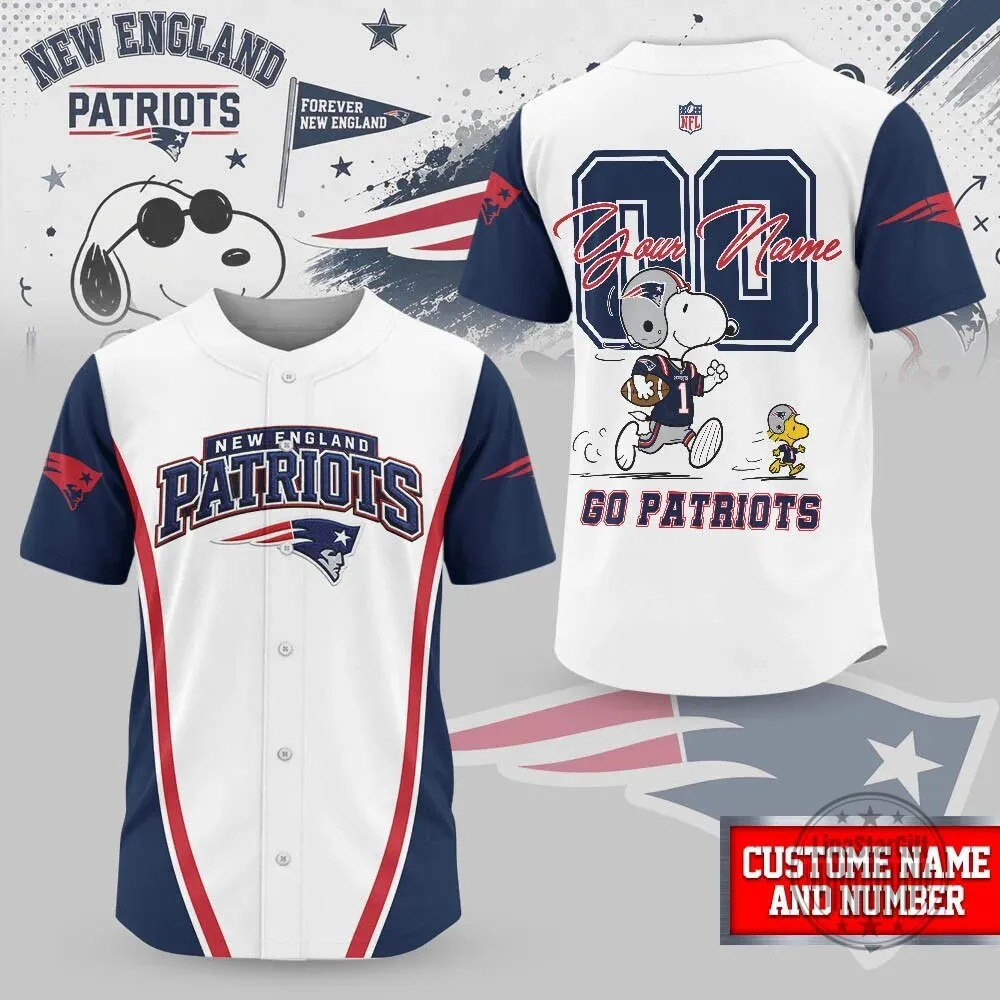 New England Patriots Snoopy Custom Name and Number Baseball Jersey