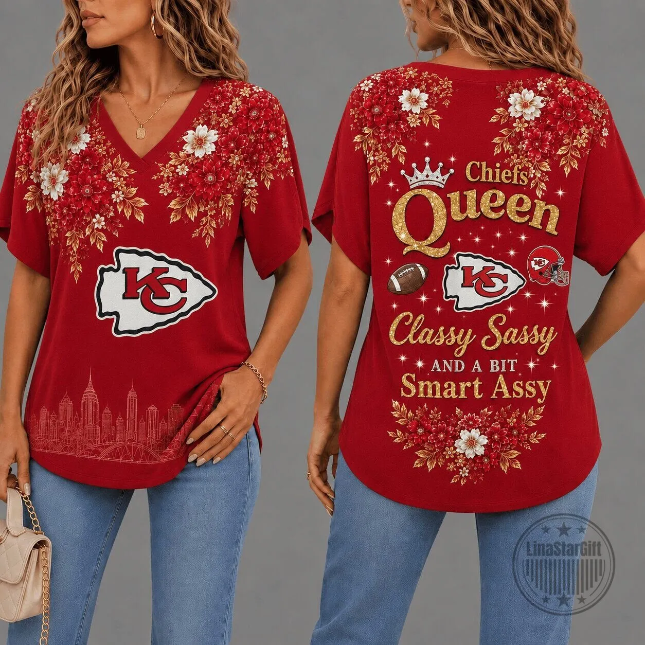 Kansas City Chiefs Queen Classy Sassy Floral V-Neck T-Shirt for Women