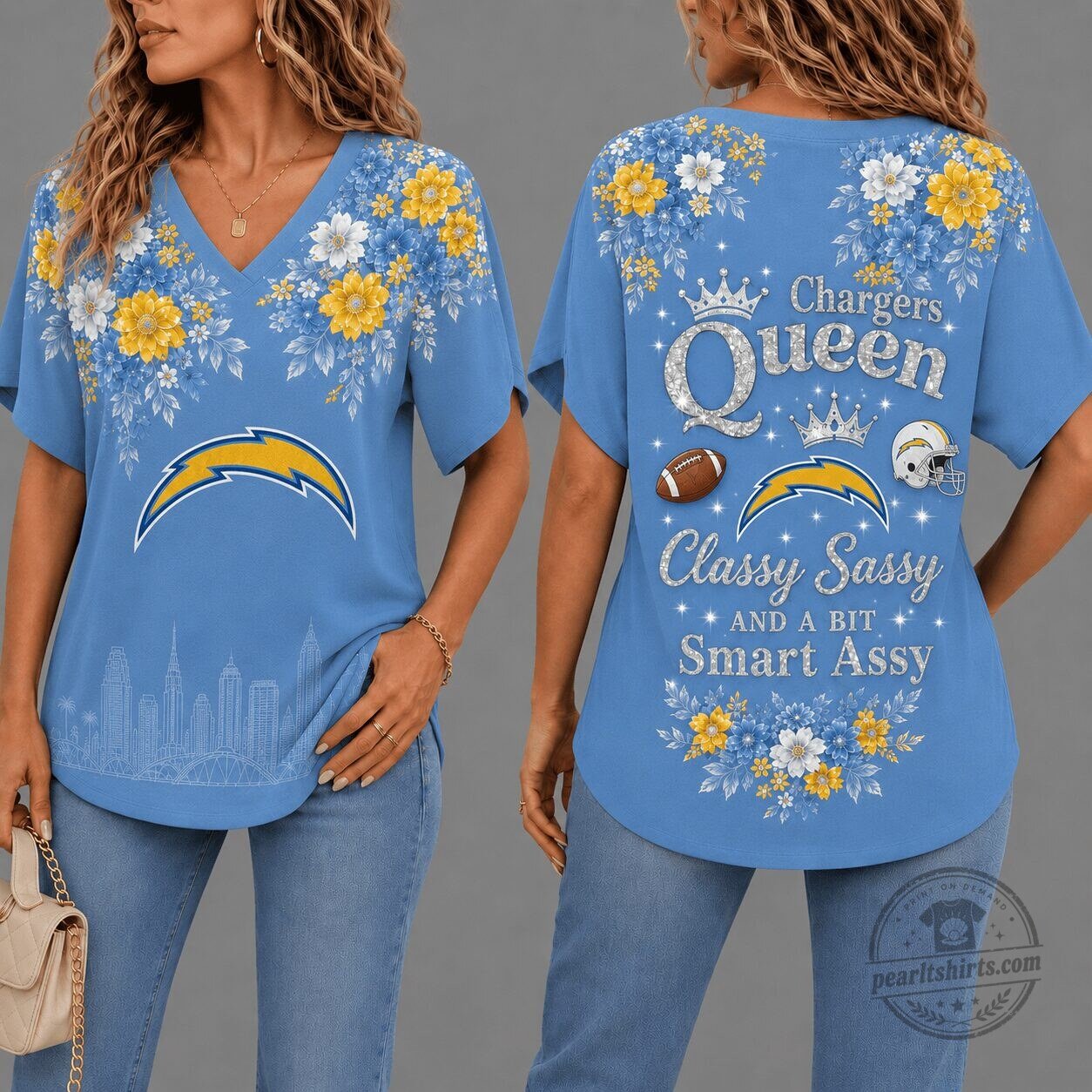 Floral V-Neck T-Shirt for Women - Classy and Sassy Los Angeles Chargers Design