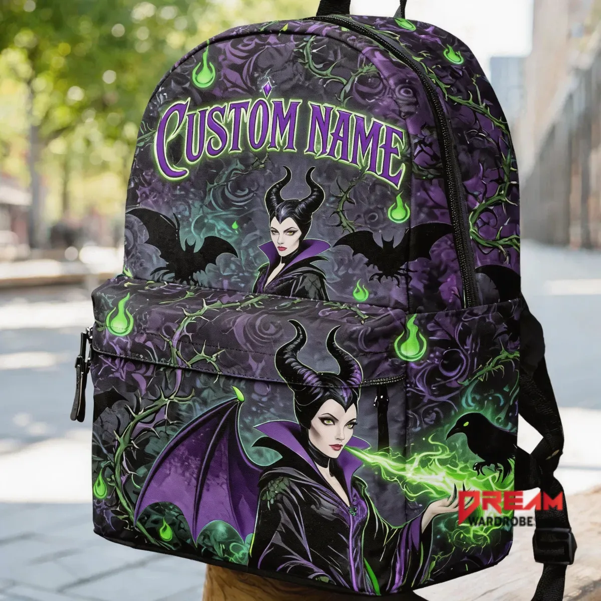 Personalized backpack featuring Maleficent design with custom name space