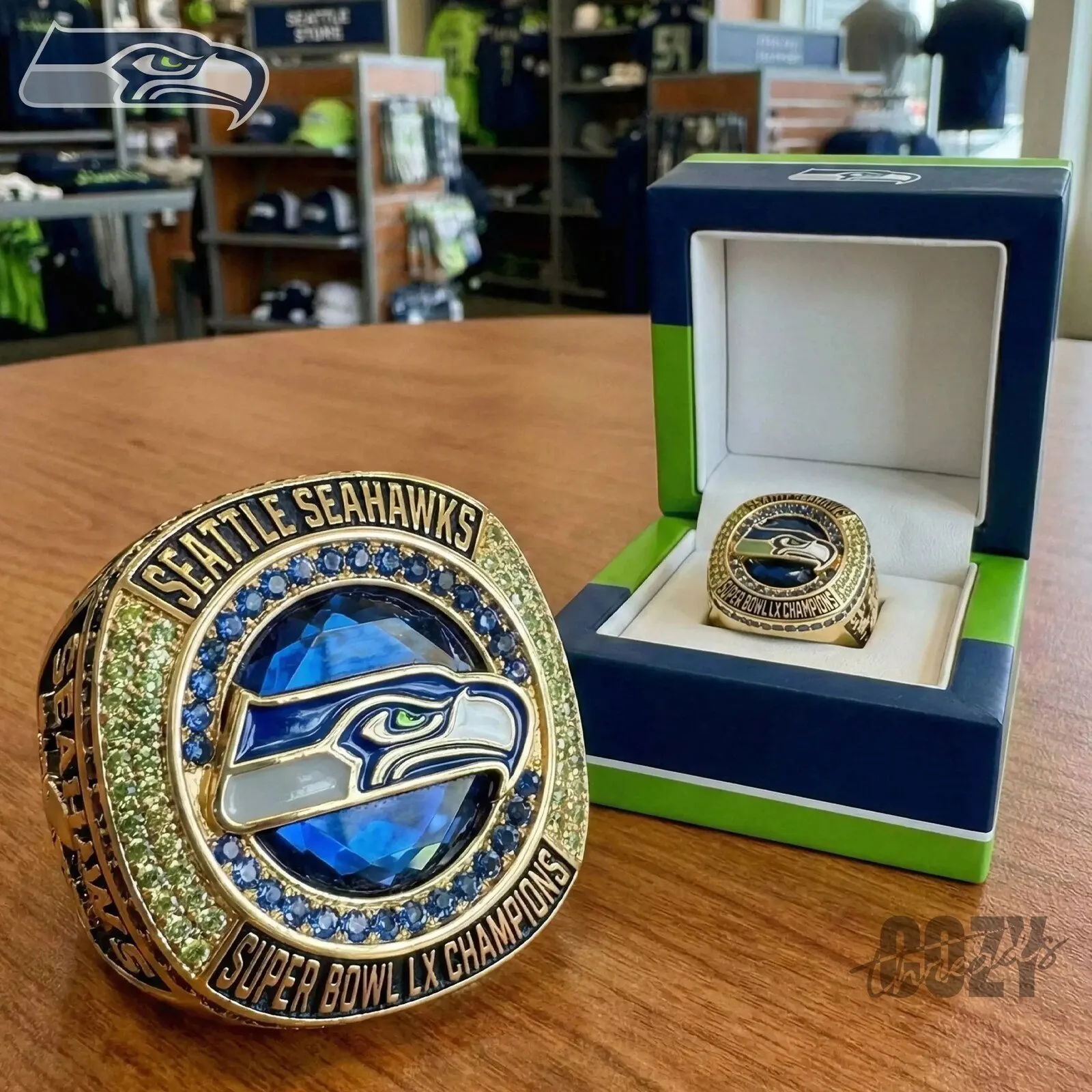 Seattle Seahawks Super Bowl Championship Ring with Blue Gemstones