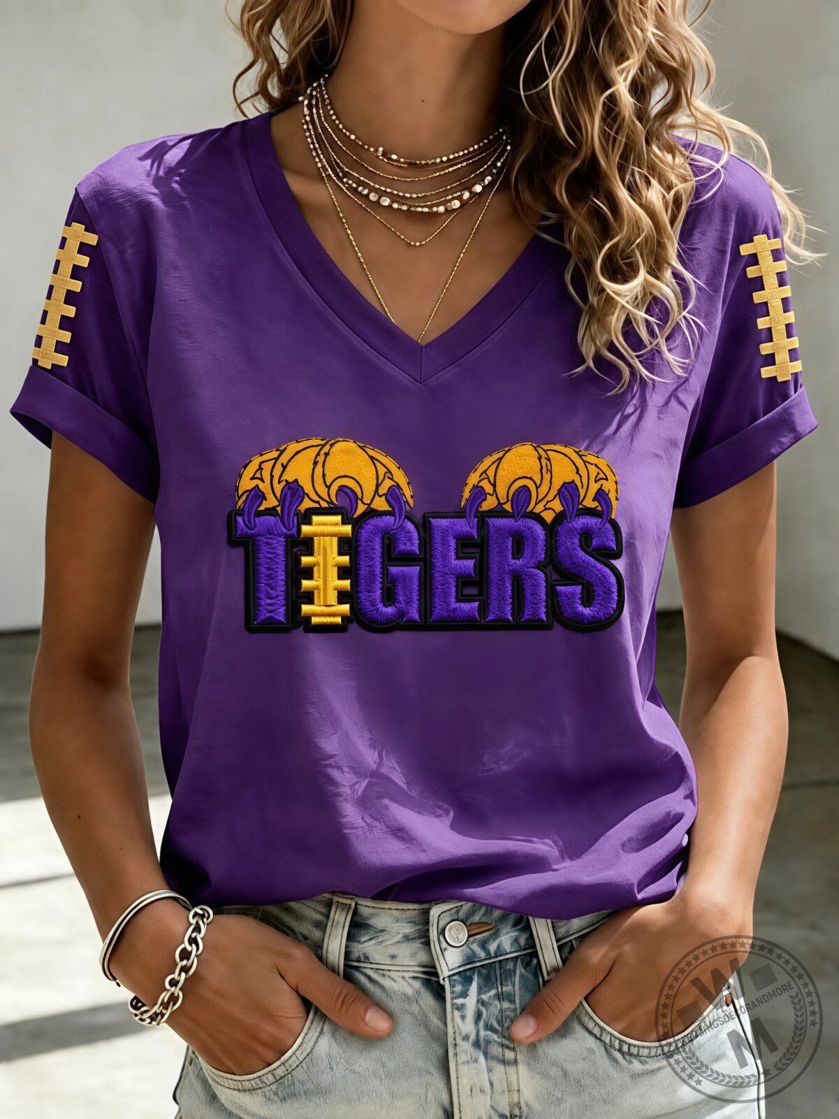 Purple Tigers Football Fan V-Neck T-Shirt for Women