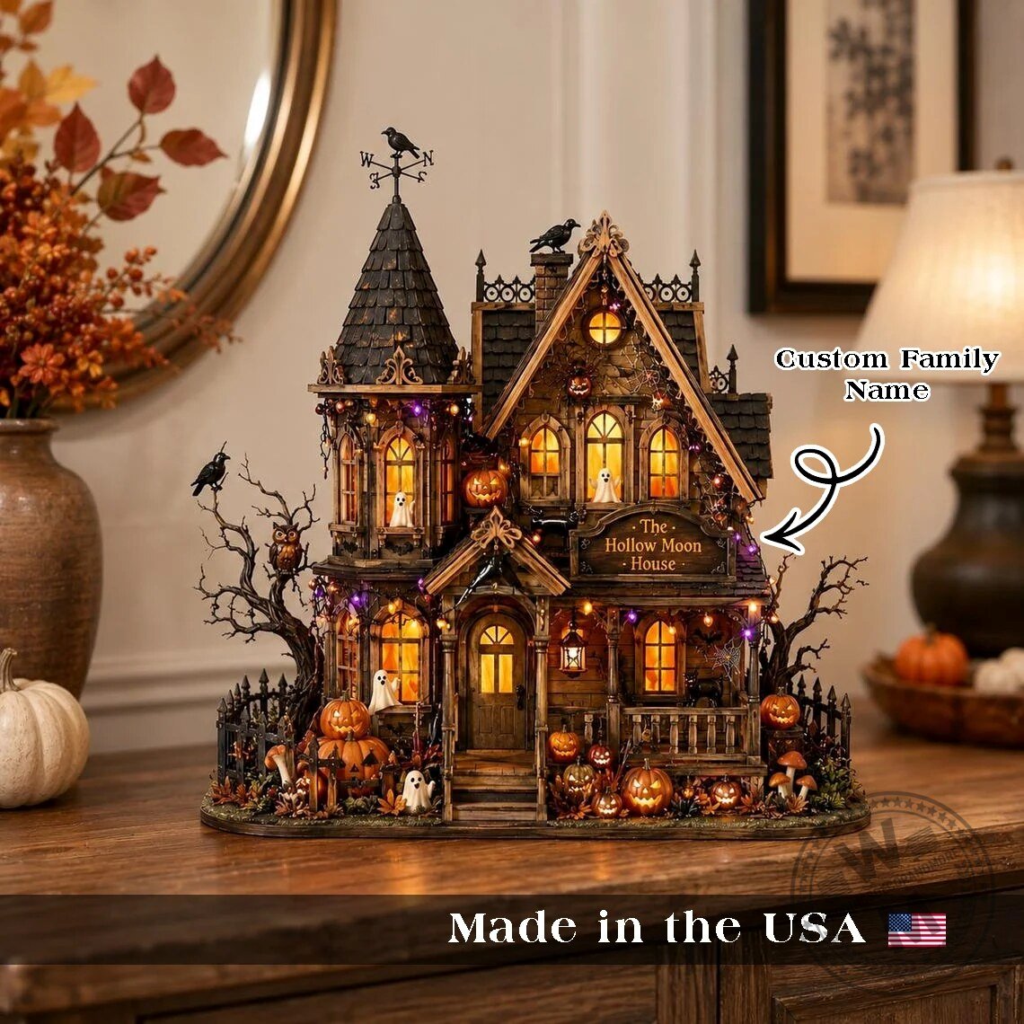 Personalized Halloween Haunted House Custom Family Name Lighted Wooden Block Decor