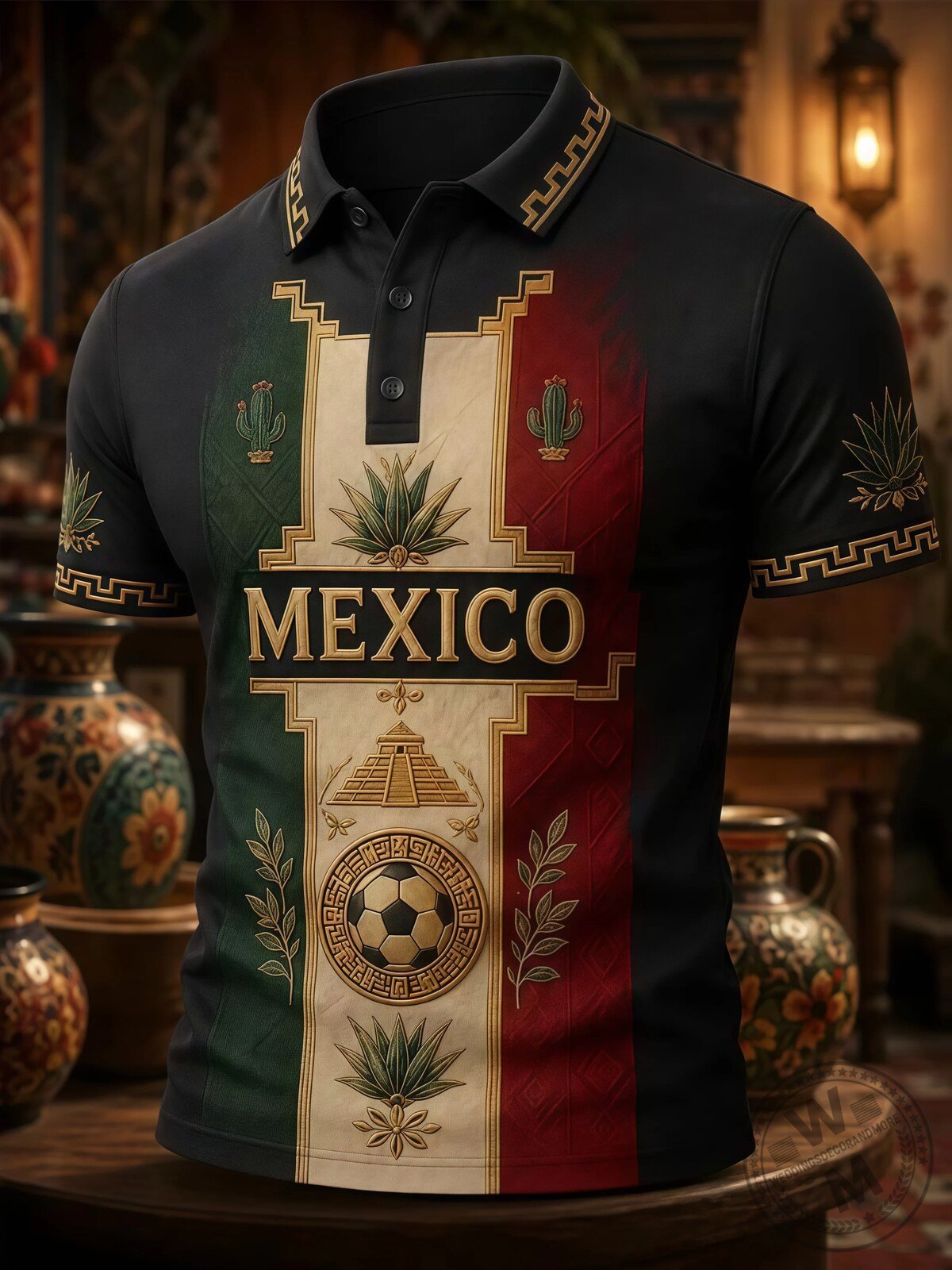 Mexico Football Fan Polo Shirt with Aztec and Cactus Design