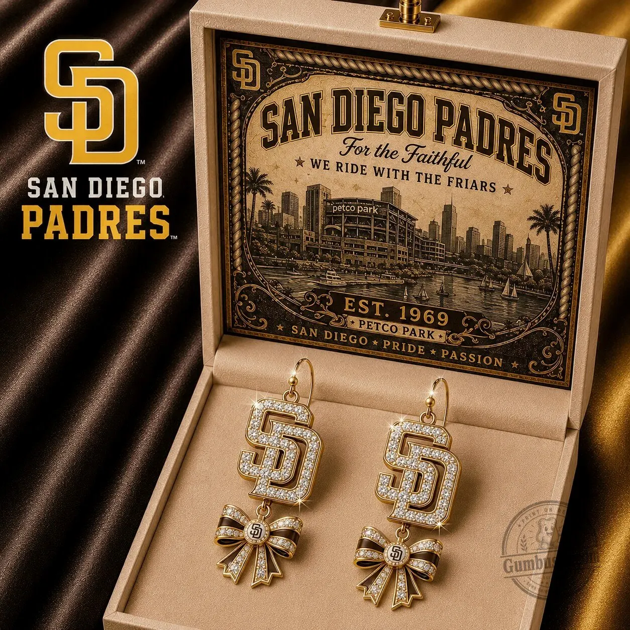 Dangle Earrings with Diamond Bow for San Diego Padres Fans