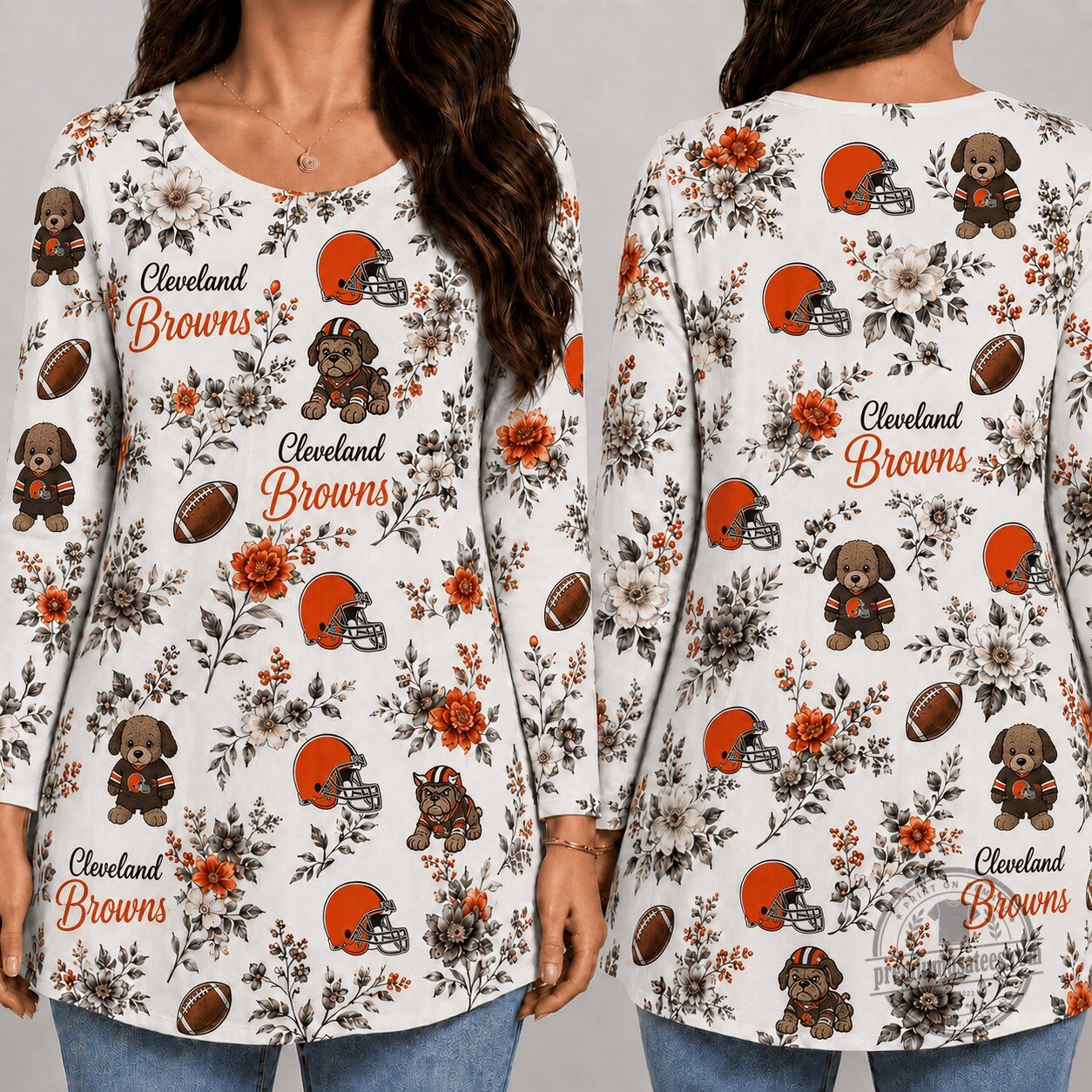 Cleveland Browns Football Floral Game Day Long Sleeve Tunic Top