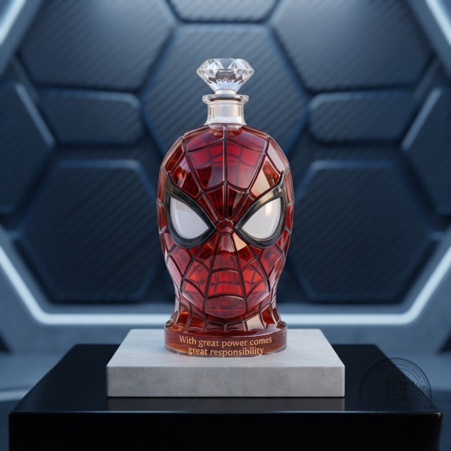 Spider-man Head With Great Power Comes Great Responsibility Whiskey Bottle