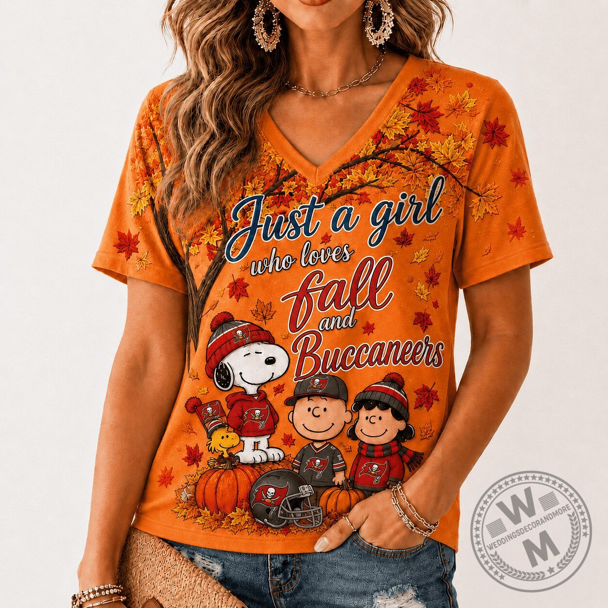 Tampa Bay Buccaneers Peanuts Fall Season V-Neck T-Shirt for Women