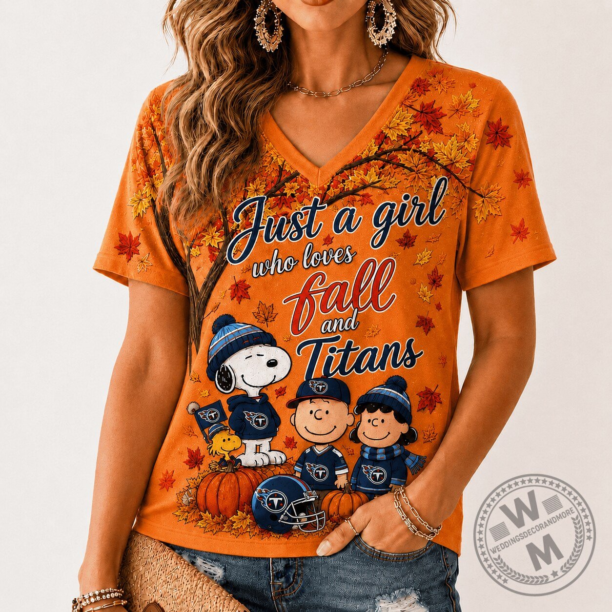 Tennessee Titans Snoopy Peanuts Fall Season V-Neck T-Shirt for Women