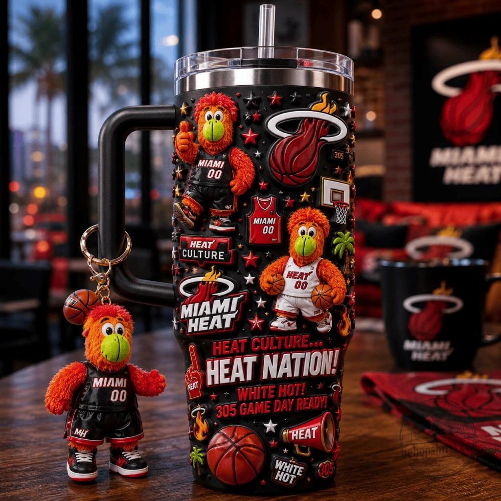 Miami Heat Basketball Team Mascot Stanley Style Tumbler with Handle Miami Heat Basketball Team Mascot Stanley Style Tumbler with Handle