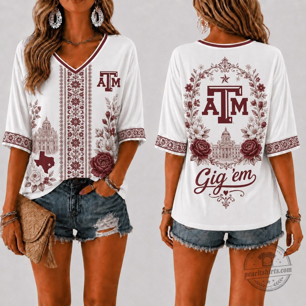 Texas A&M Aggies Floral V-Neck Short Sleeve T-Shirt for Women Texas A&M Aggies Floral V-Neck Short Sleeve T-Shirt for Women
