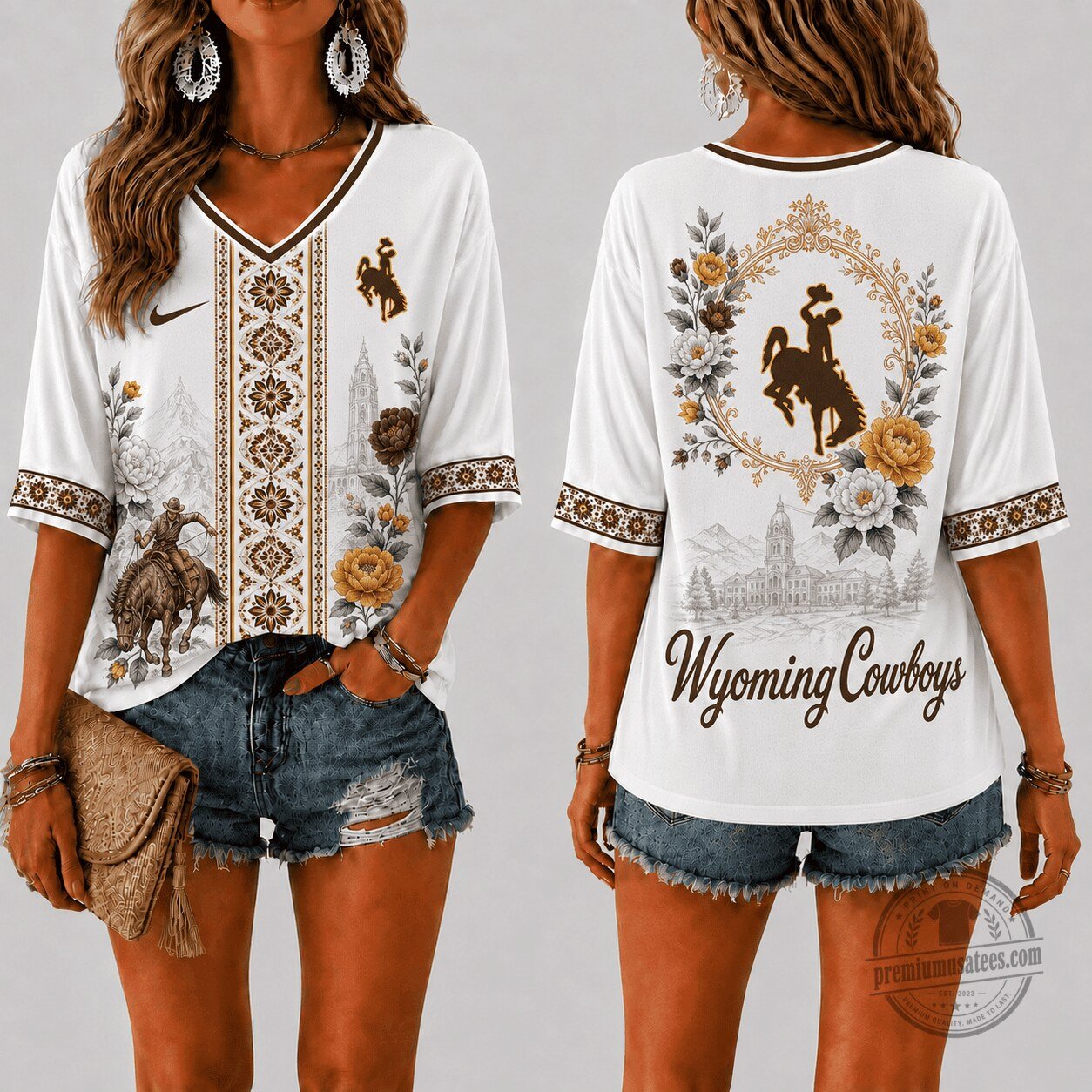 Wyoming Cowboys Women's Floral V-Neck Short Sleeve T-Shirt