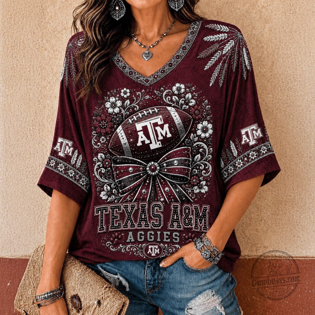 NCAA Vintage Floral Bow V-Neck TD in Premium Style for Texas A&M Aggies NCAA Vintage Floral Bow V-Neck TD in Premium Style for Texas A&M Aggies