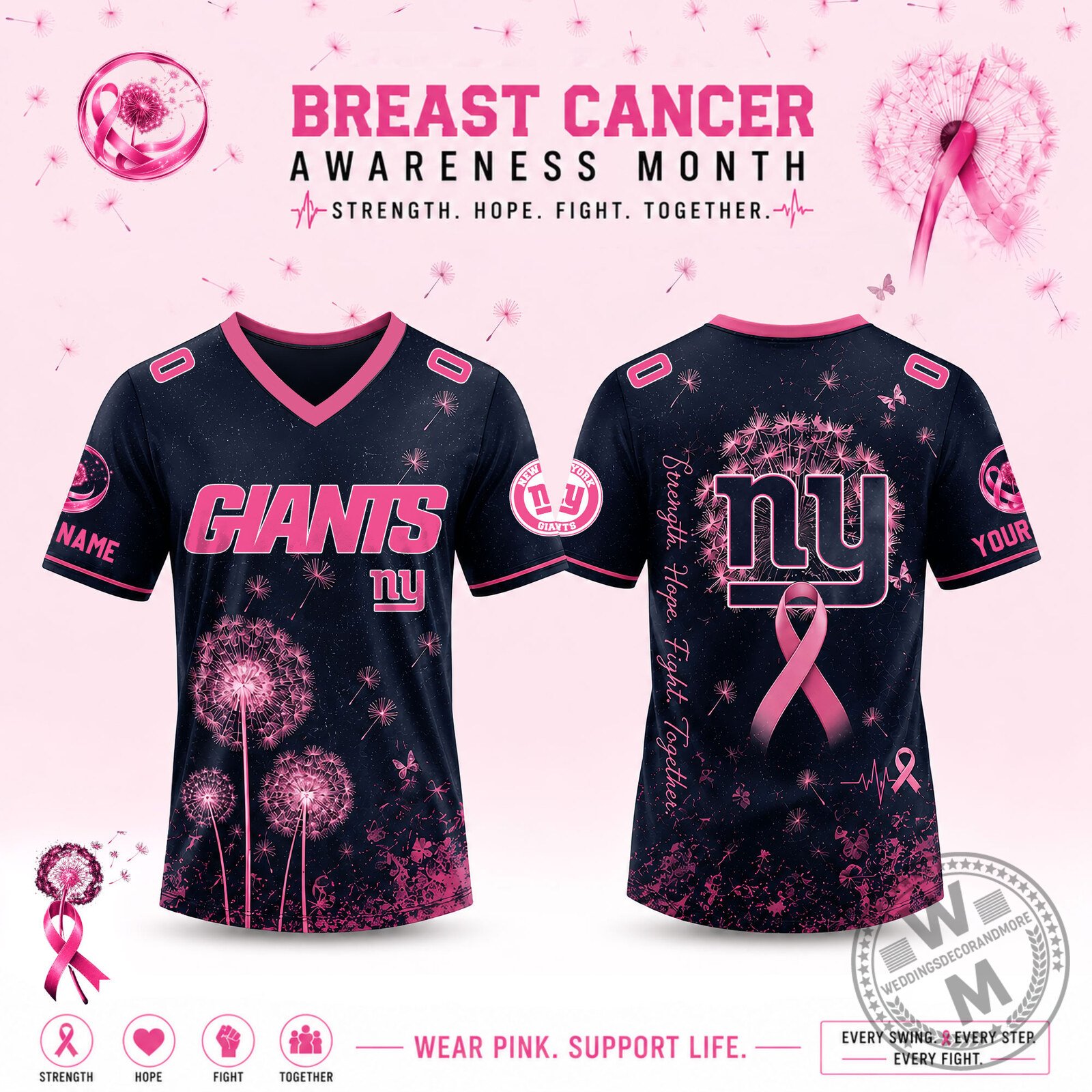 Limited Edition New York Giants 2026 Breast Cancer Awareness x Dandelion of Hope V-neck Short Sleeve Jersey