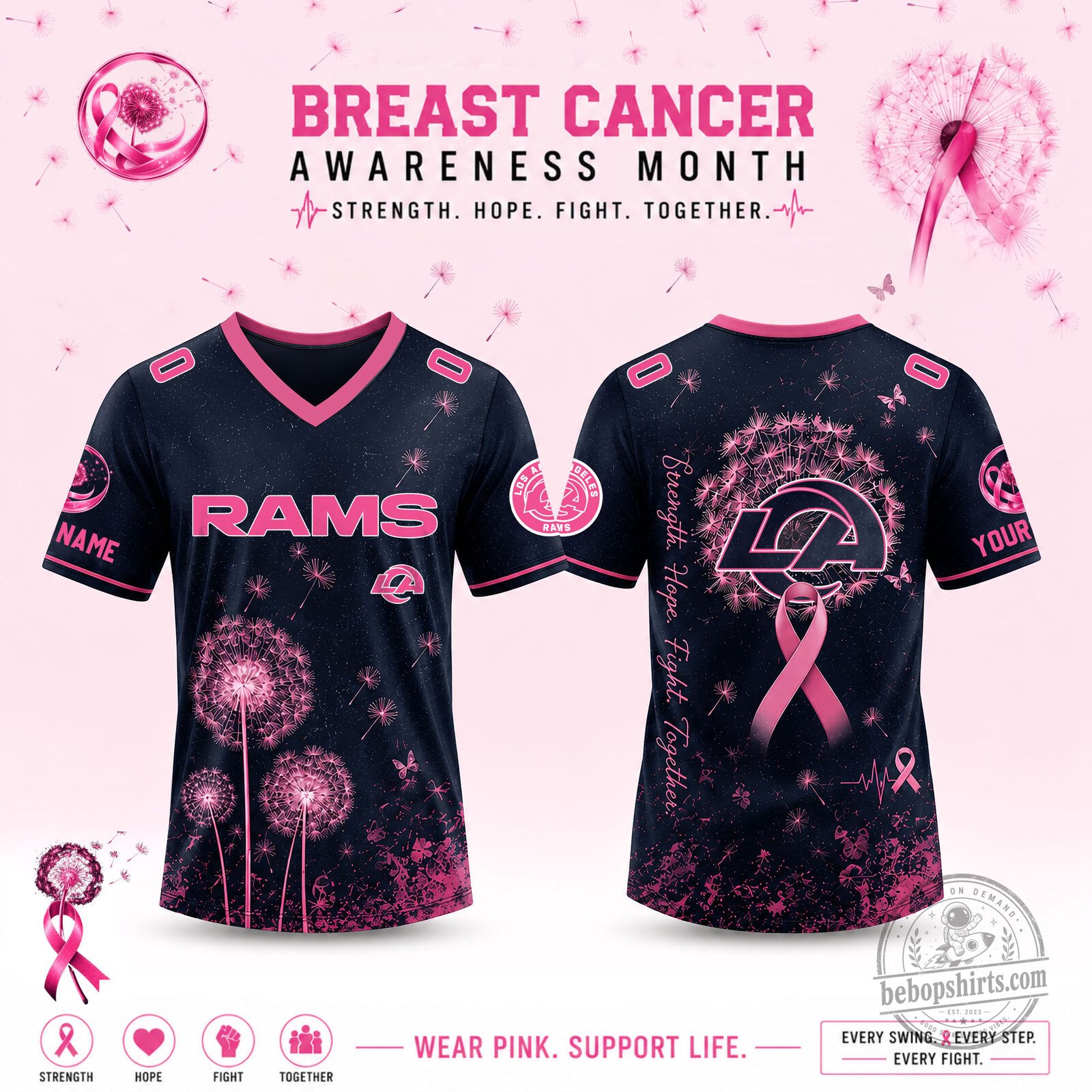 Limited Edition Los Angeles Rams 2026 Breast Cancer Awareness x Dandelion of Hope V-neck Short Sleeve Jersey