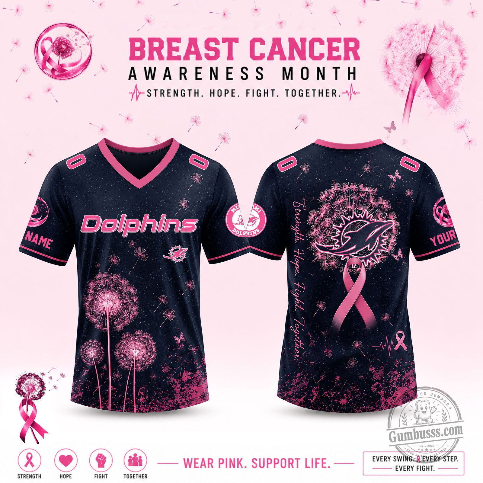 Limited Edition Miami Dolphins 2026 Breast Cancer Awareness x Dandelion of Hope V-neck Short Sleeve Jersey