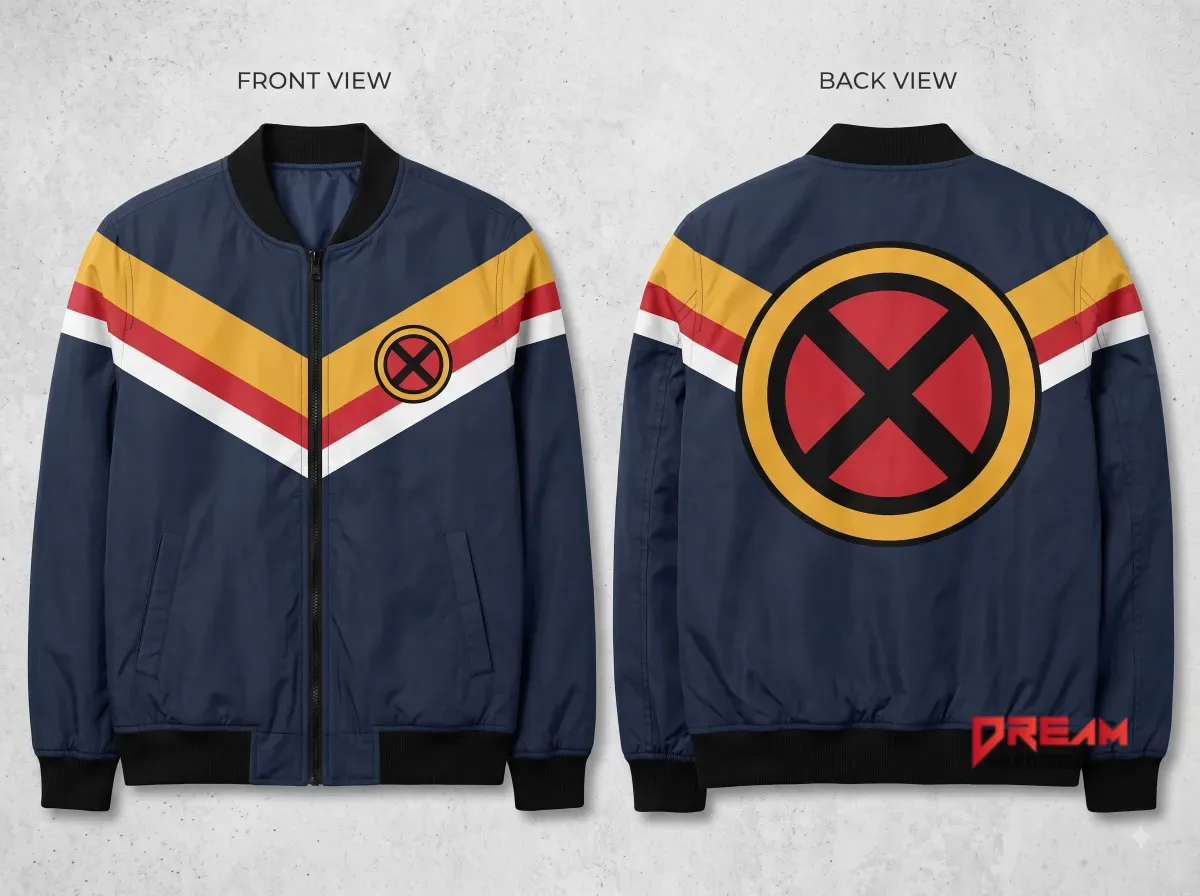 Navy blue Marvel X-Men bomber jacket featuring a yellow, red, and white chevron stripe on the chest with a circular X logo.