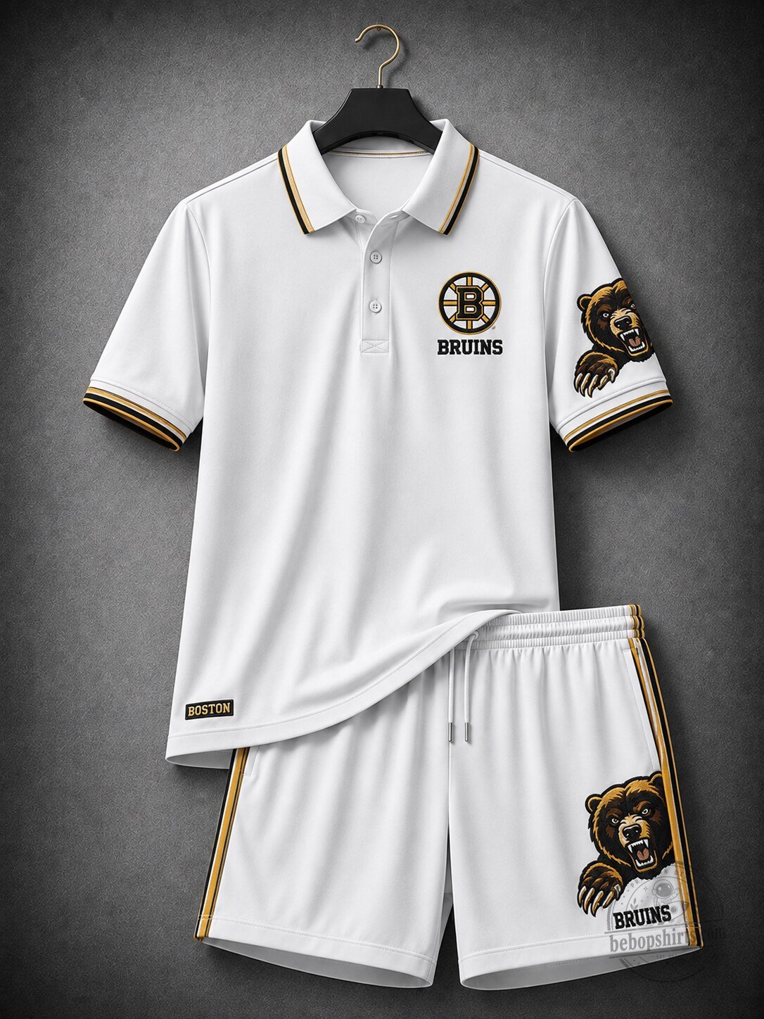 Men's Premium Cotton-Blend Polo Shirt and Shorts Set – Breathable, Sporty Casual Wear with Bear Graphic & Gold Trim