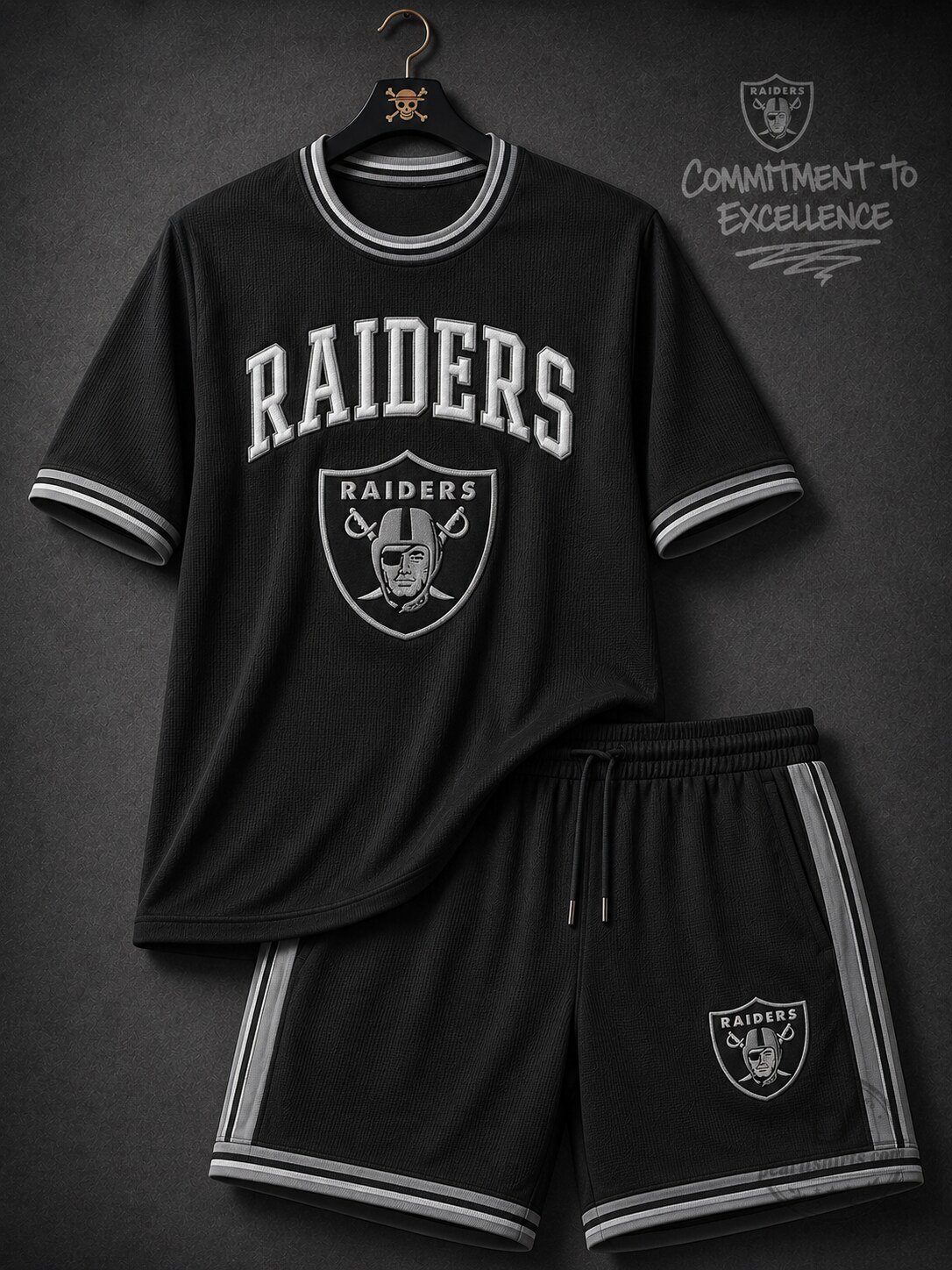 Raiders-Inspired Premium Cotton-Blend Athletic Set – Short Sleeve Jersey Top & Matching Drawstring Shorts with Embroidered Shield Logo and Contrast Trim