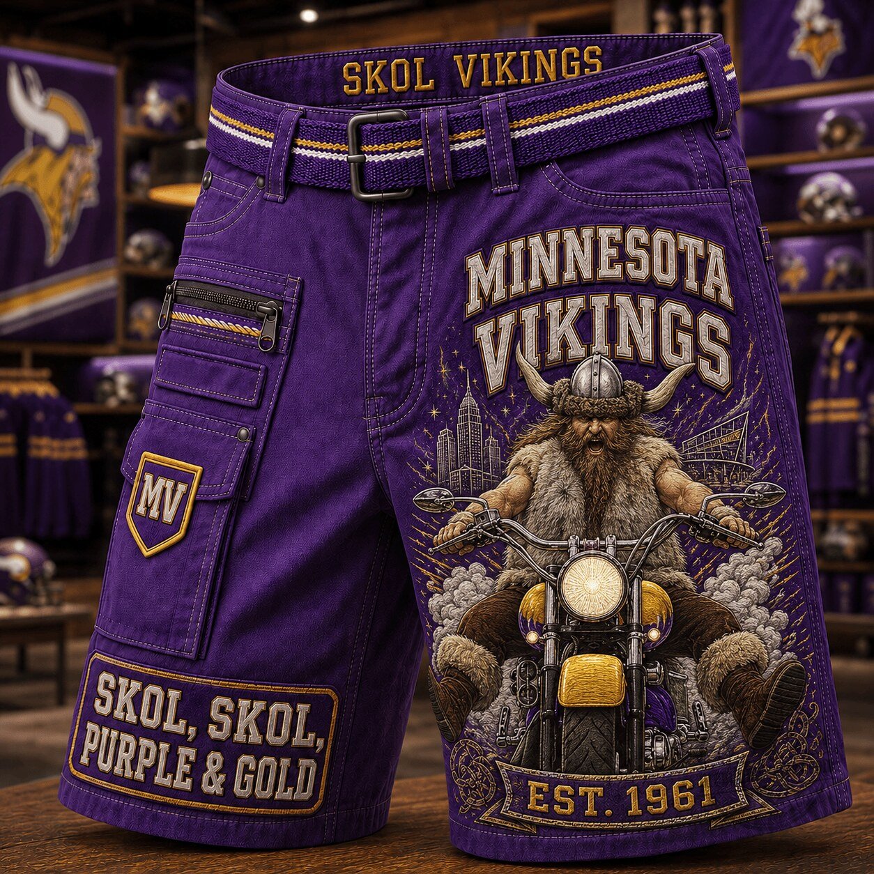 Minnesota Vikings Skol Vikings Purple and Gold Motorcycle Fan Shorts 1 Minnesota Vikings Skol Vikings Purple and Gold Motorcycle Fan Shorts