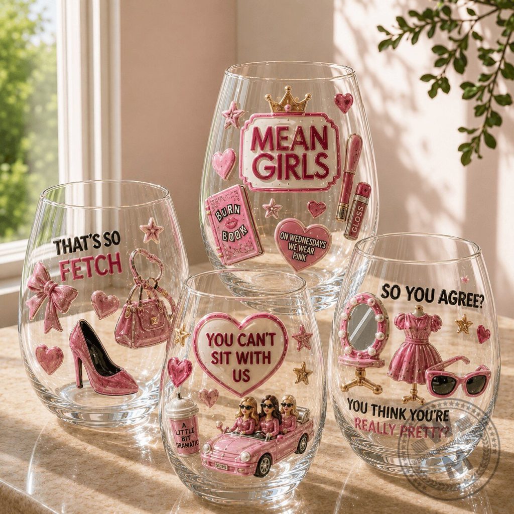 Mean Girls Movie Quotes Stemless Wine Glass Set, On Wednesdays We Wear Pink Drinking Glasses 17 Mean Girls Movie Quotes Stemless Wine Glass Set, On Wednesdays We Wear Pink Drinking Glasses