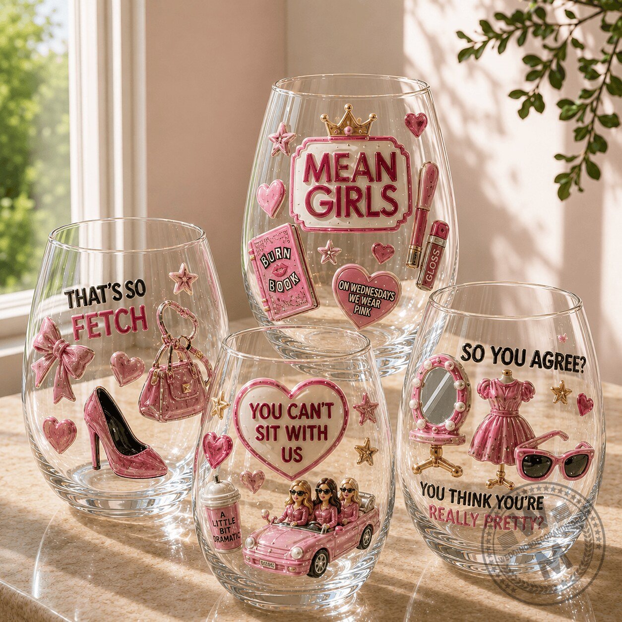 Mean Girls Movie Quotes Stemless Wine Glass Set, On Wednesdays We Wear Pink Drinking Glasses