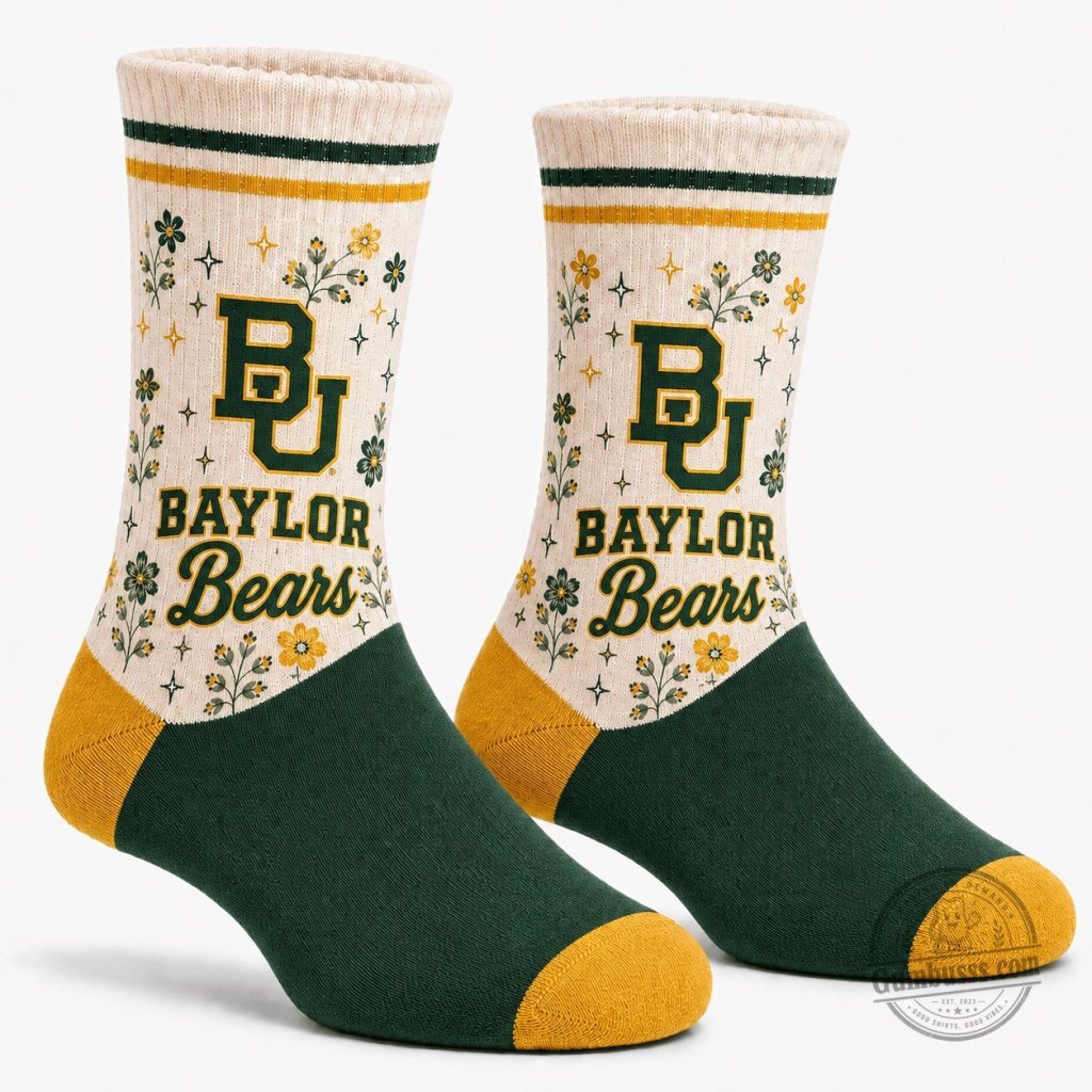 Baylor Bears University College Sports Team Floral Pattern Crew Socks Baylor Bears University College Sports Team Floral Pattern Crew Socks