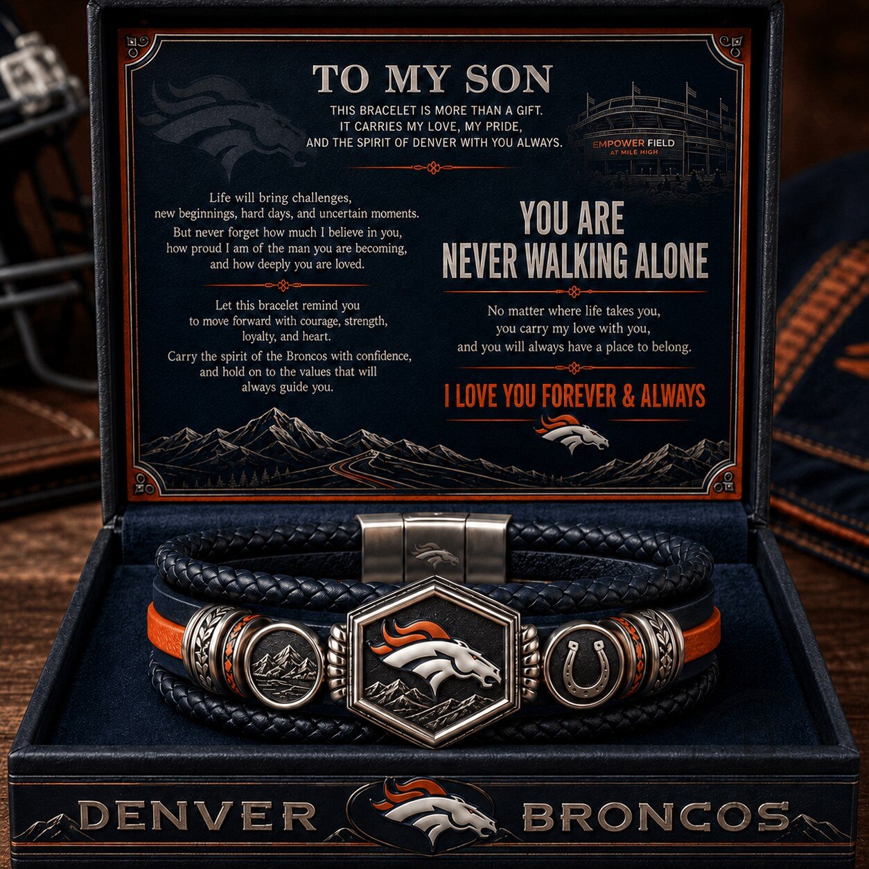 Denver Broncos Football Team Braided Leather Bracelet for Son