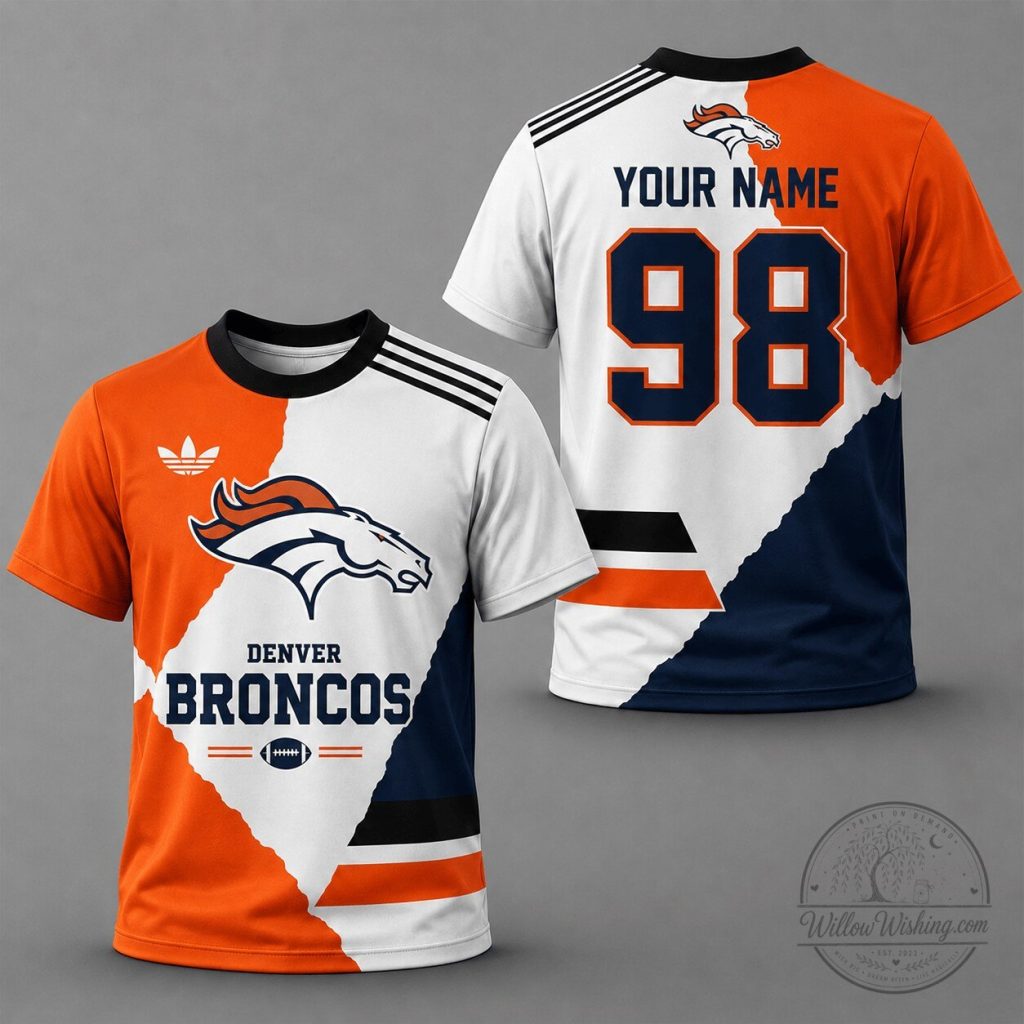 Denver Broncos Football Team Custom Name Number Split Color T-Shirt Denver Broncos Football Team Custom Name Number Split Color T-Shirt