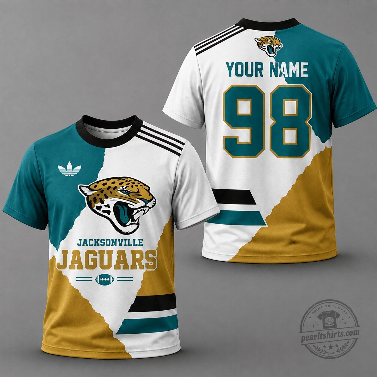 Jacksonville Jaguars Personalized Football Split Design Custom Name Number All Over Print T-Shirt 1 Jacksonville Jaguars Personalized Football Split Design Custom Name Number All Over Print T-Shirt