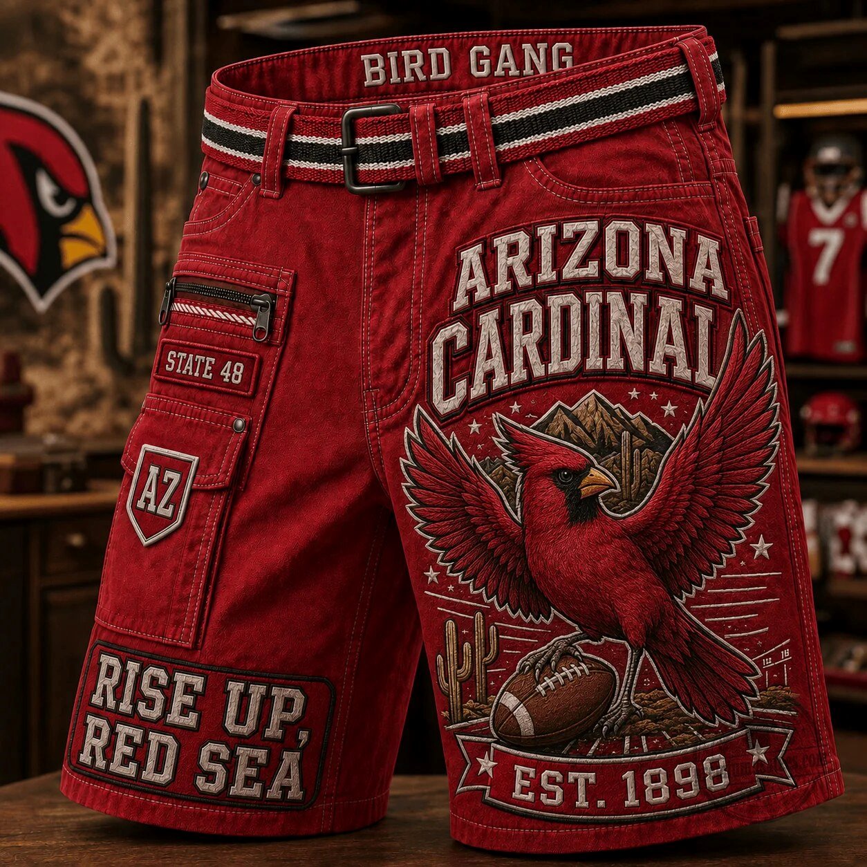 Arizona Cardinals Football Team Red Cargo Shorts with Bird Gang Design