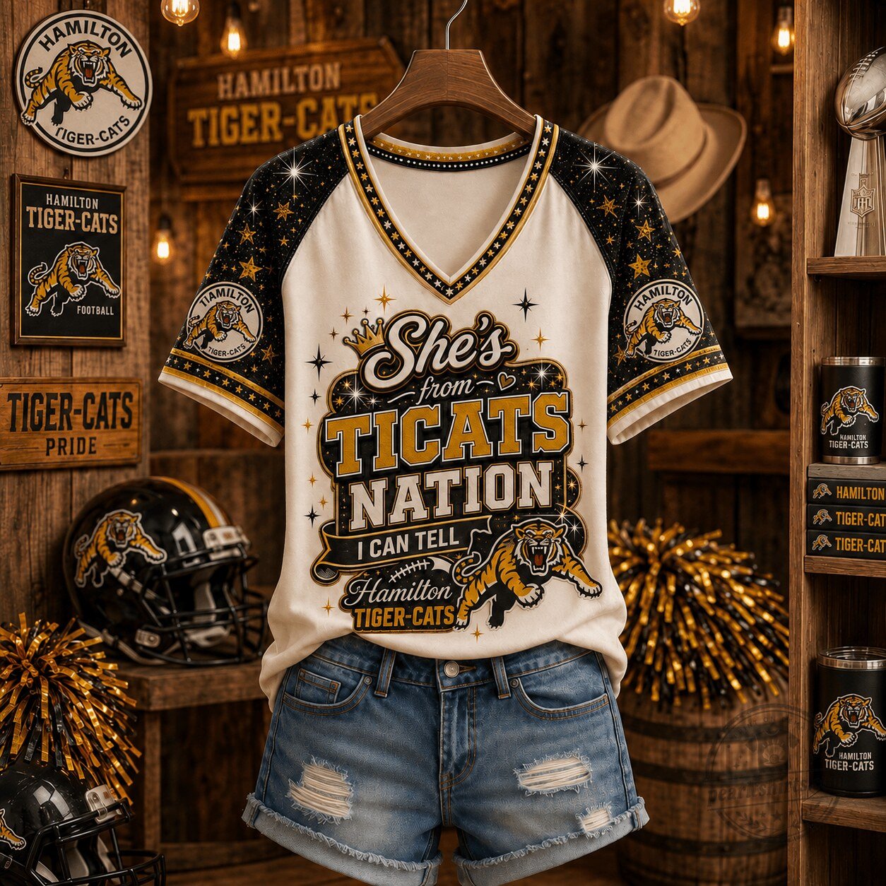 Hamilton Tiger-Cats Football She's From Ticats Nation V-Neck T-Shirt