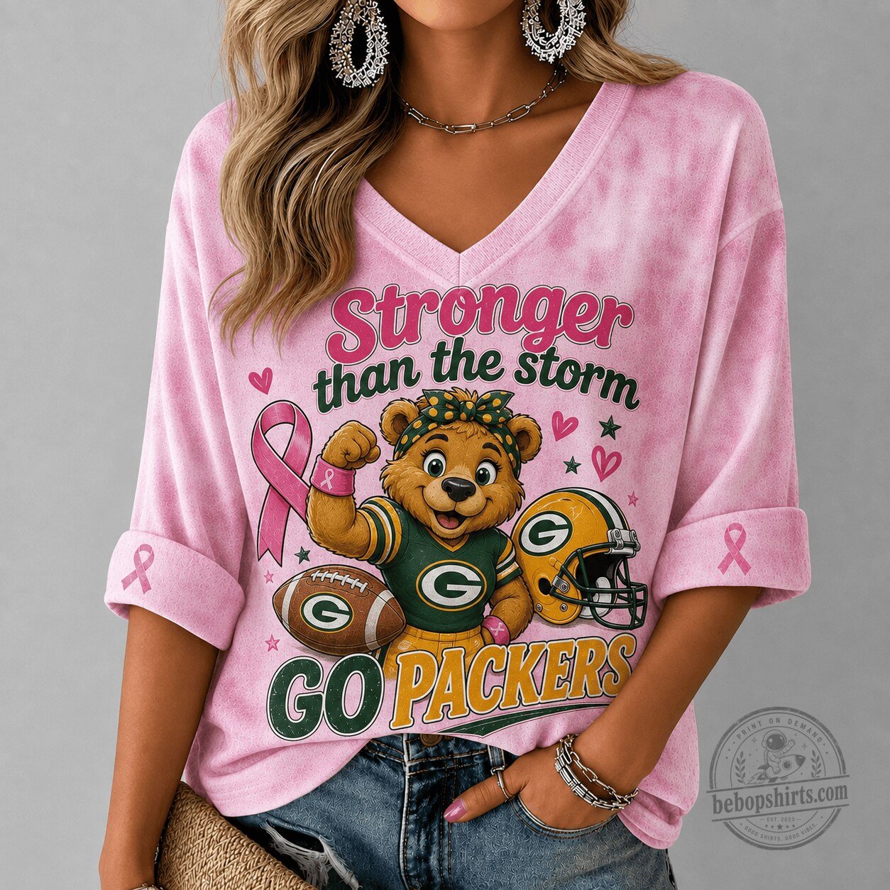 Green Bay Packers Stronger Than The Storm Breast Cancer Awareness Pink V-Neck T-Shirt