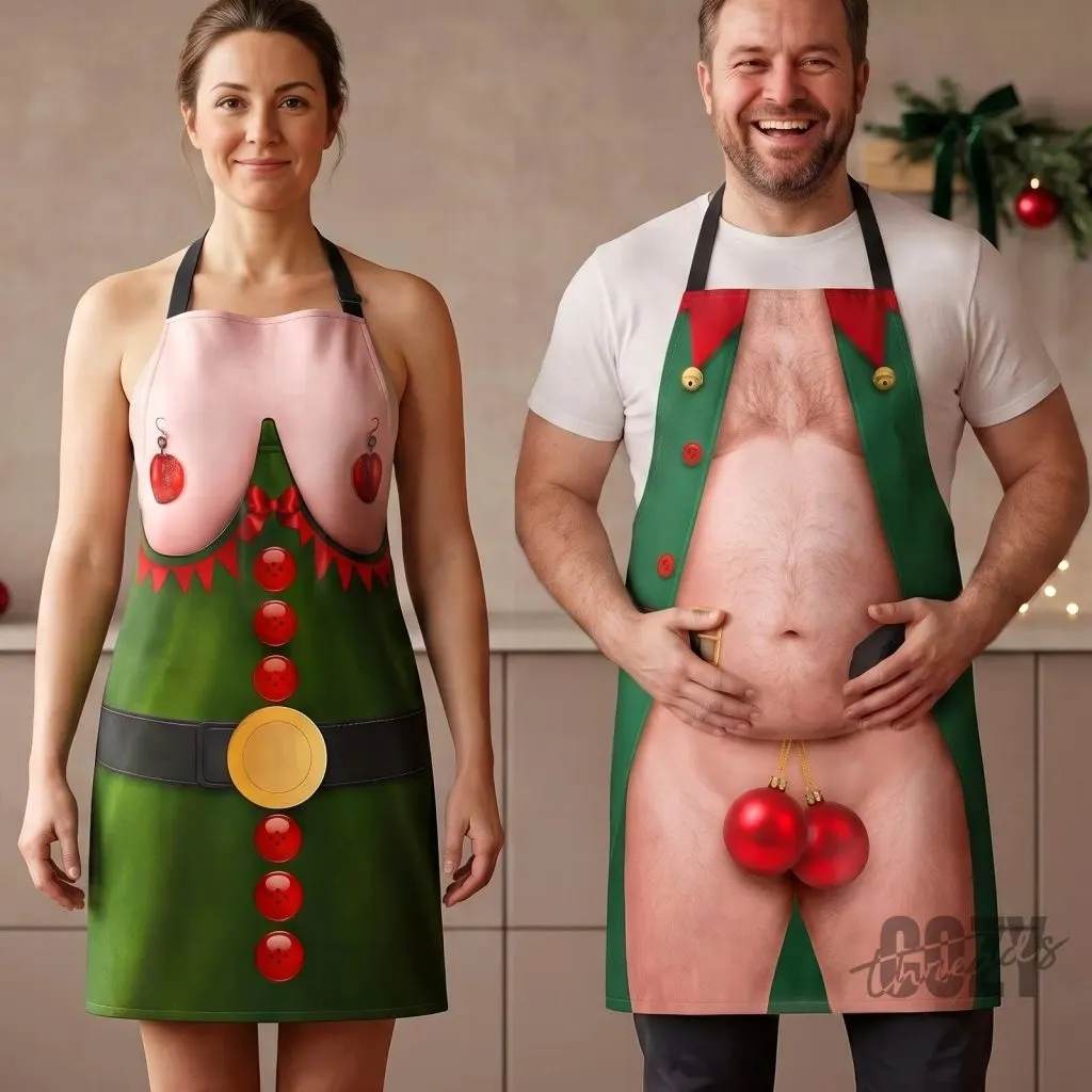 Funny Christmas Elf Costume Apron for Couples, Holiday Kitchen Cooking Aprons Funny Christmas Elf Costume Apron for Couples, Holiday Kitchen Cooking Aprons